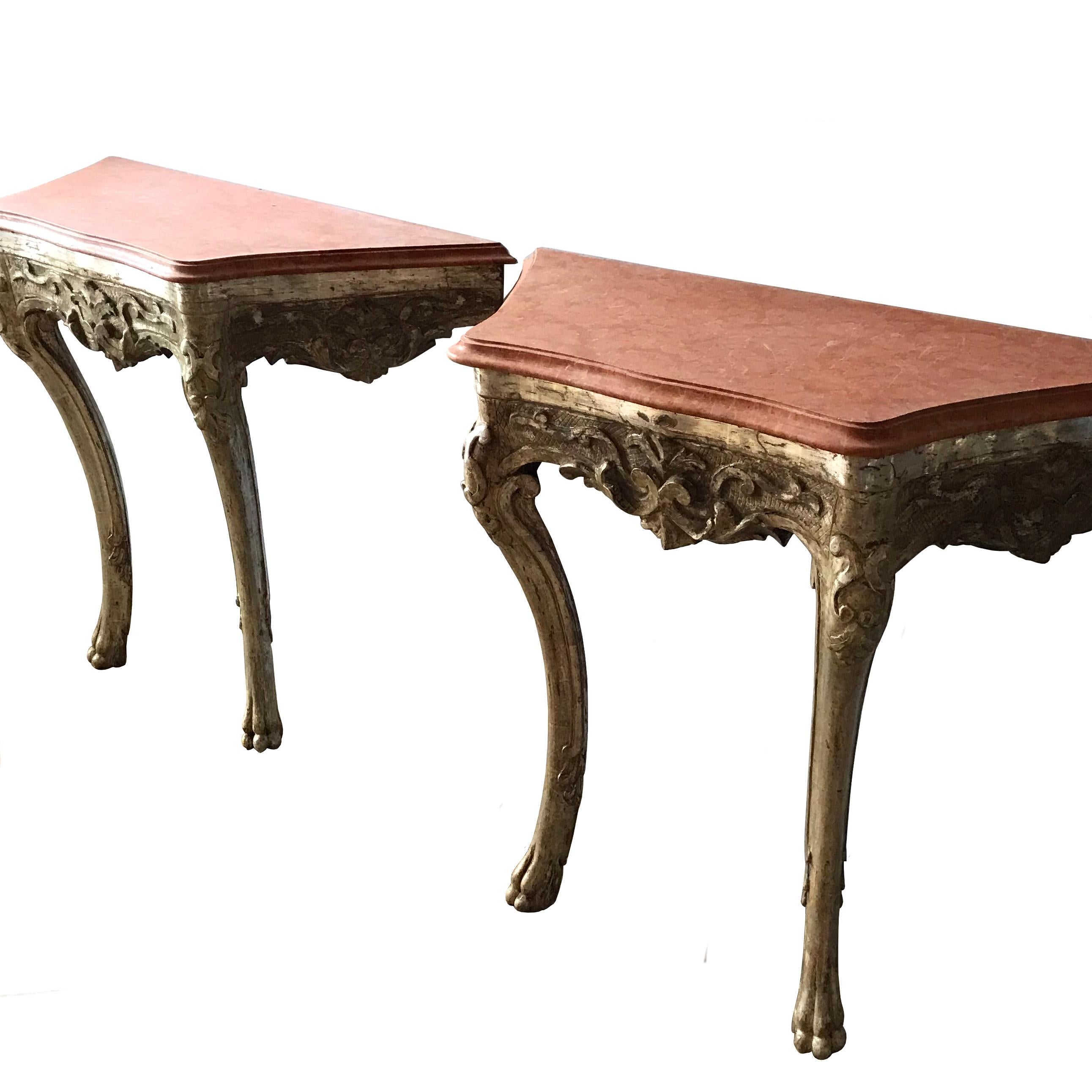 Rococo Pair of Italian C18th Silvered Console Tables with Marble Tops