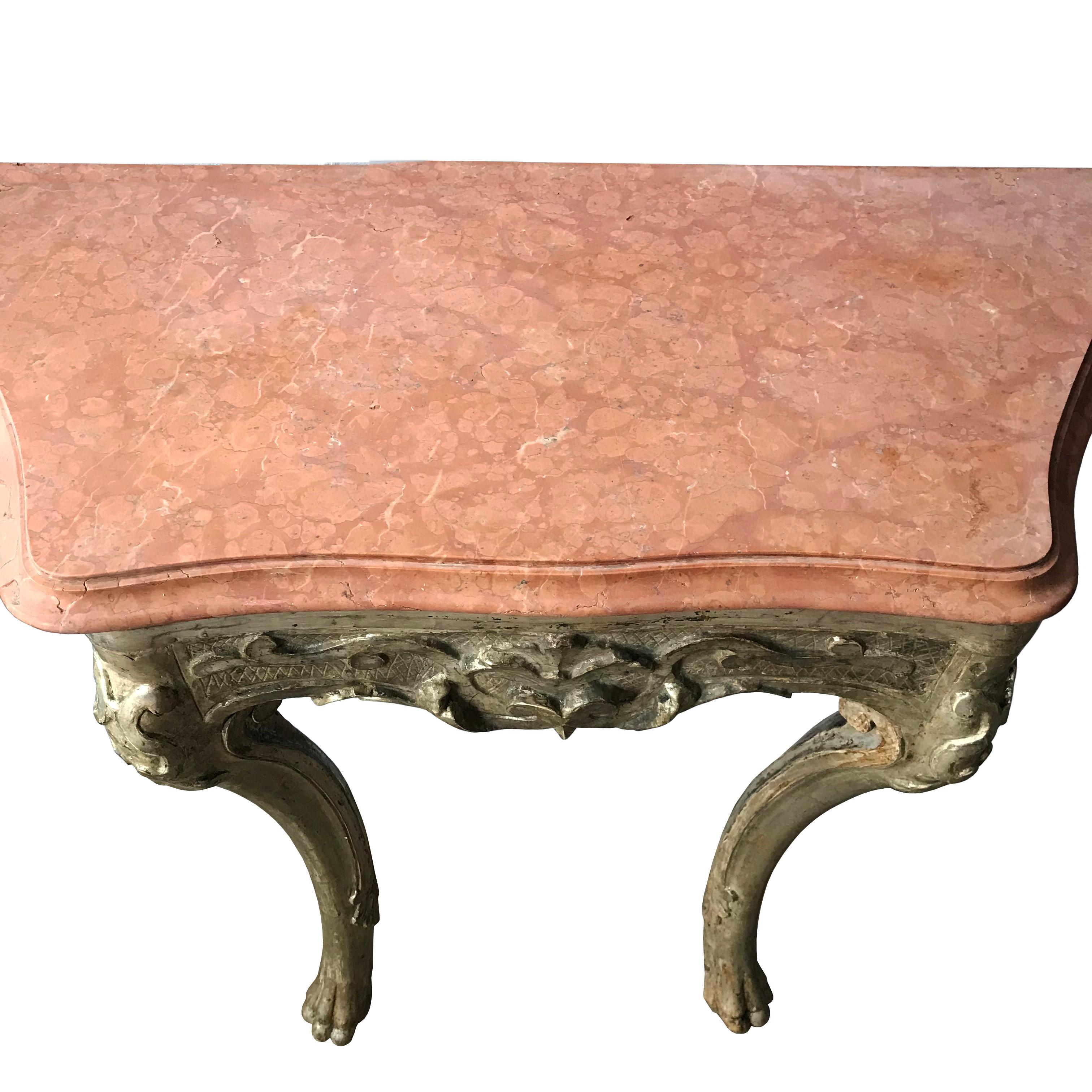 Pair of Italian C18th Silvered Console Tables with Marble Tops In Good Condition In London, GB
