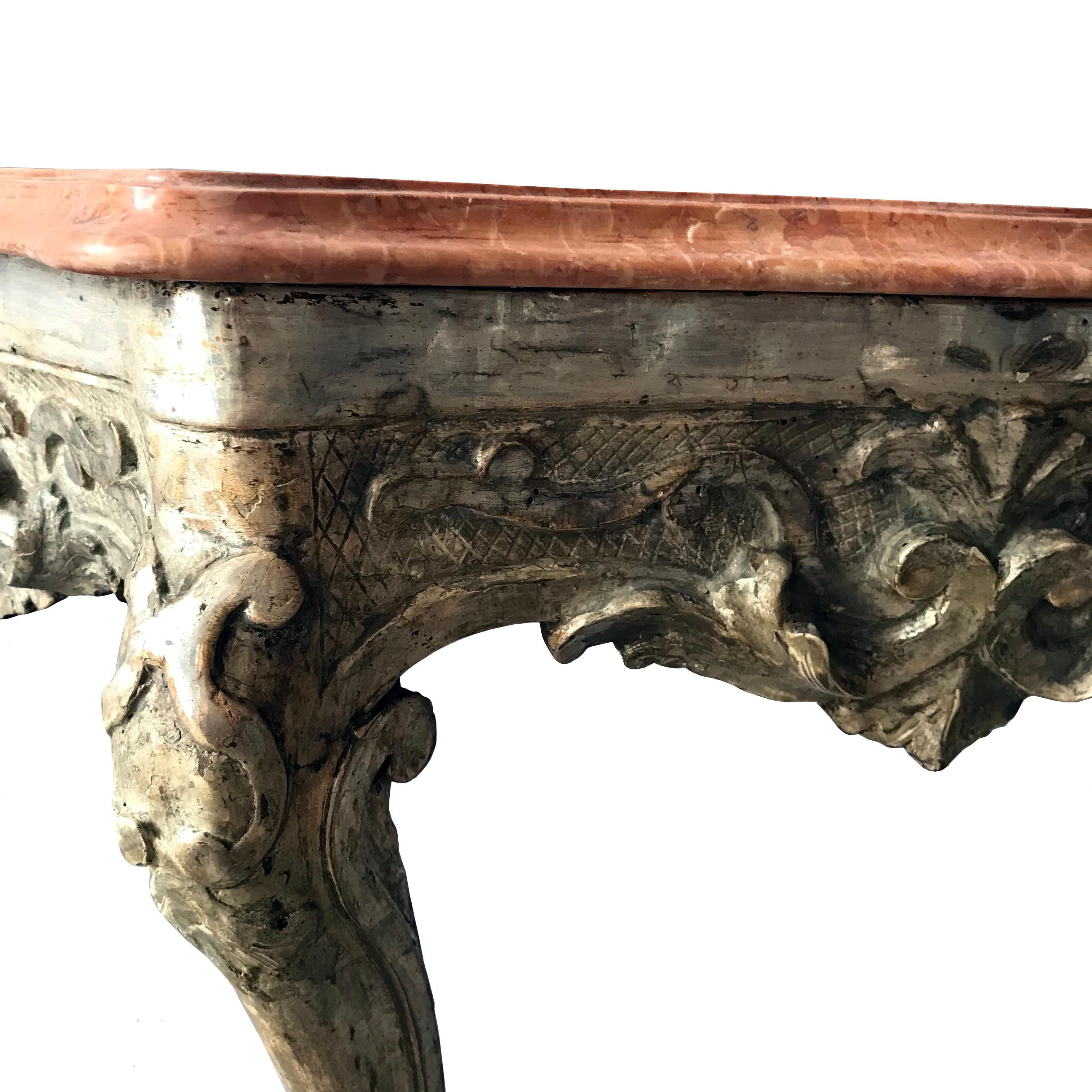 18th Century Pair of Italian C18th Silvered Console Tables with Marble Tops