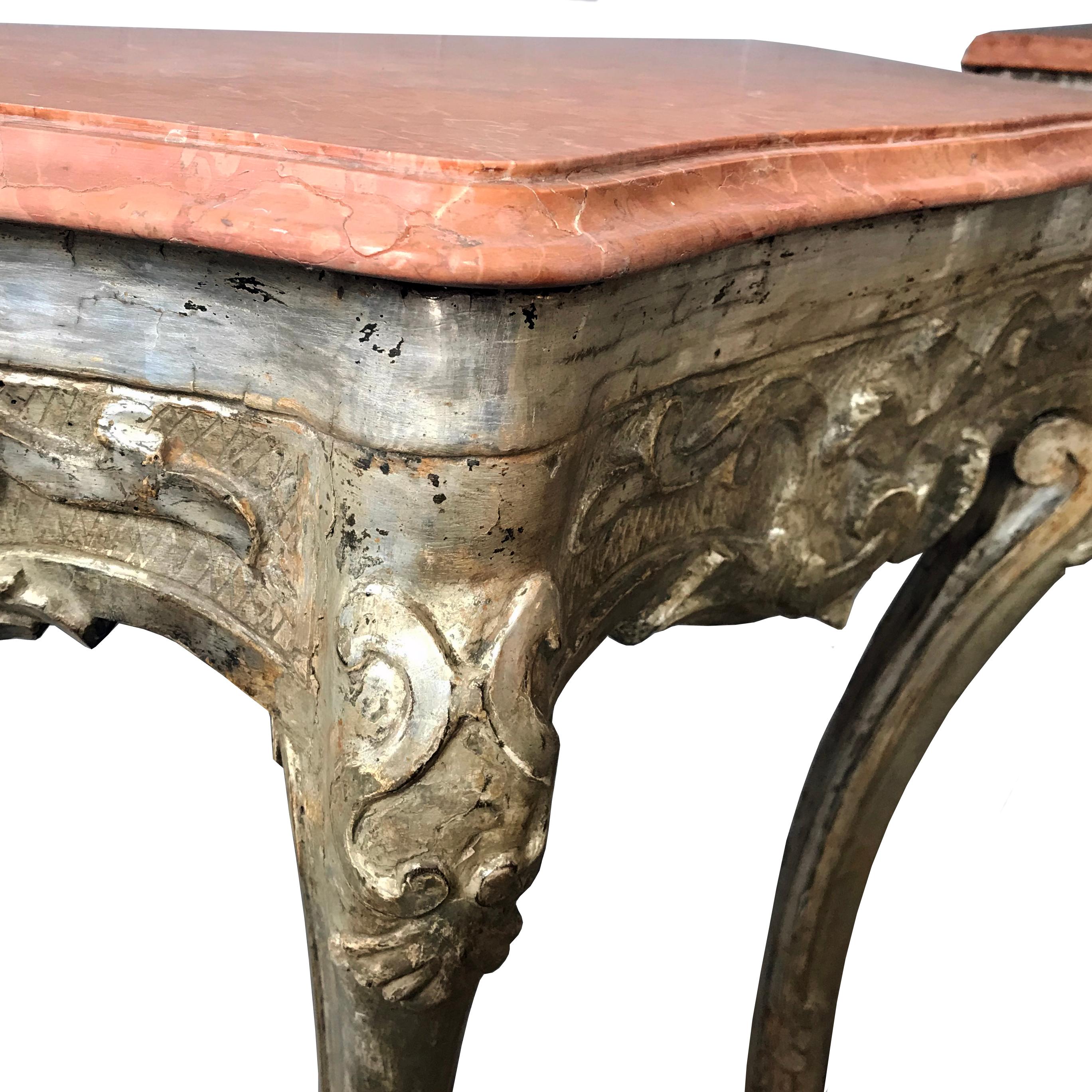 Silver Leaf Pair of Italian C18th Silvered Console Tables with Marble Tops
