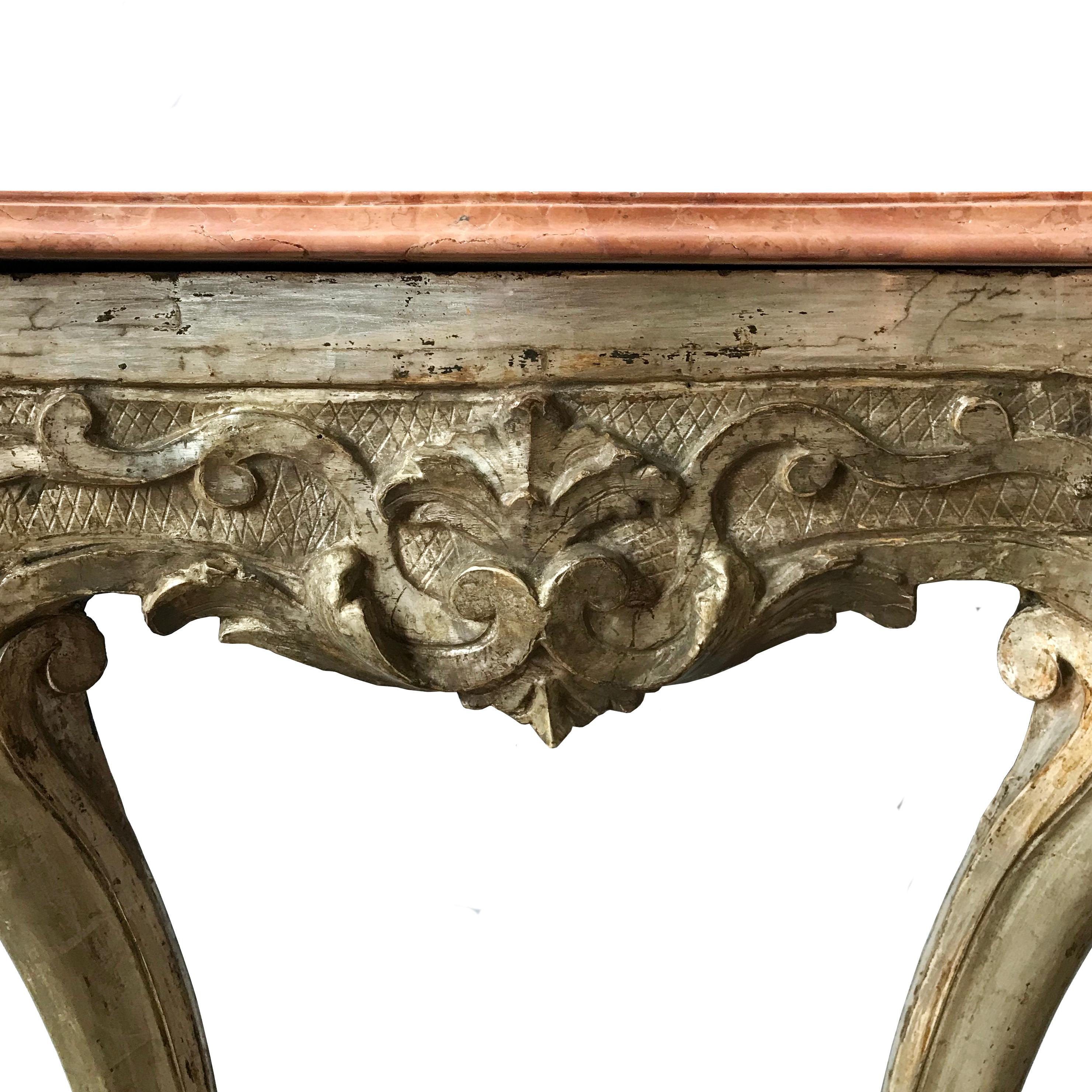 Pair of Italian C18th Silvered Console Tables with Marble Tops 1