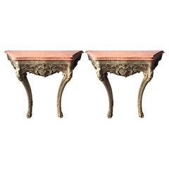Pair of Italian C18th Silvered Console Tables with Marble Tops