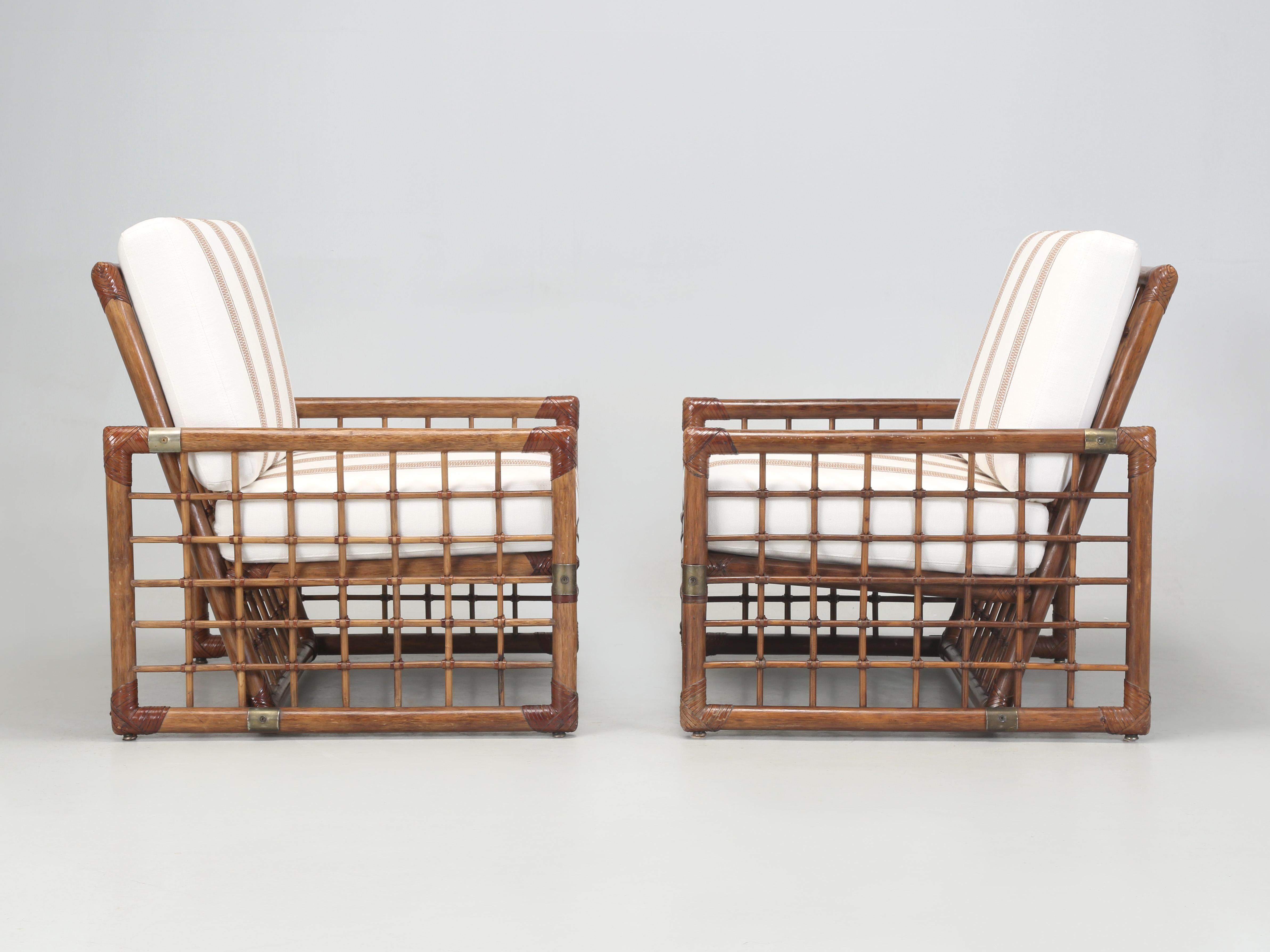 Pair of Italian c1960's Bamboo and Leather Armchairs with Brass Details. 5