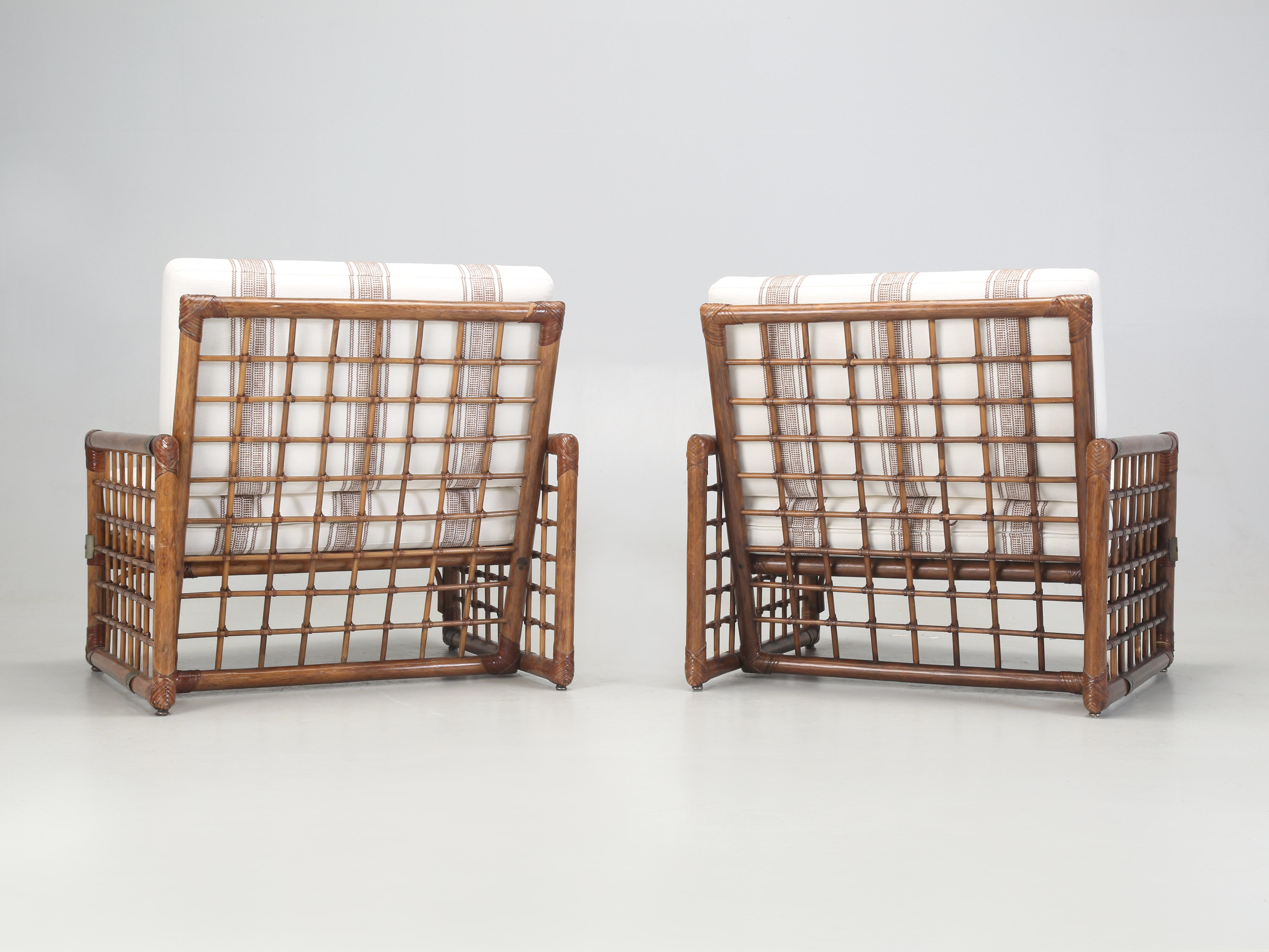 Pair of Italian c1960's Bamboo and Leather Armchairs with Brass Details. 11