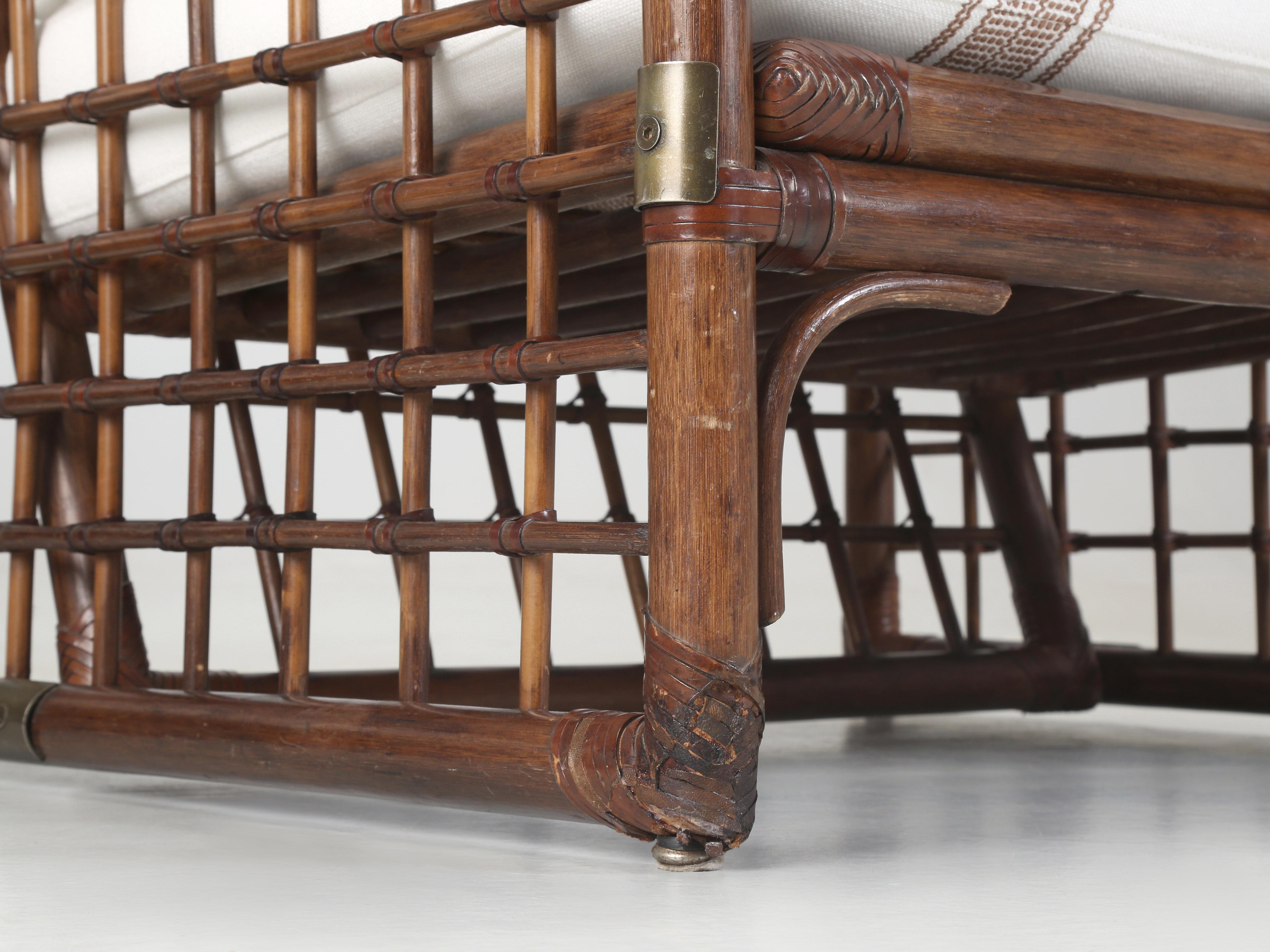 Pair of Italian c1960's Bamboo and Leather Armchairs with Brass Details. 3