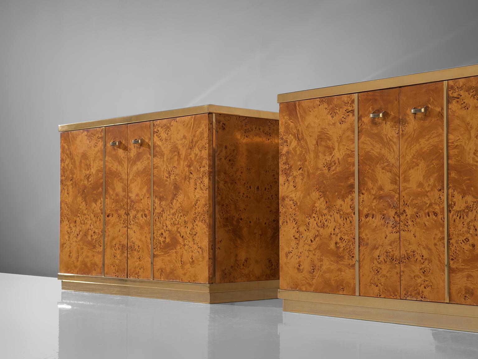 Mid-Century Modern Pair of Italian Cabinets in Mappa Burl Wood and Brass