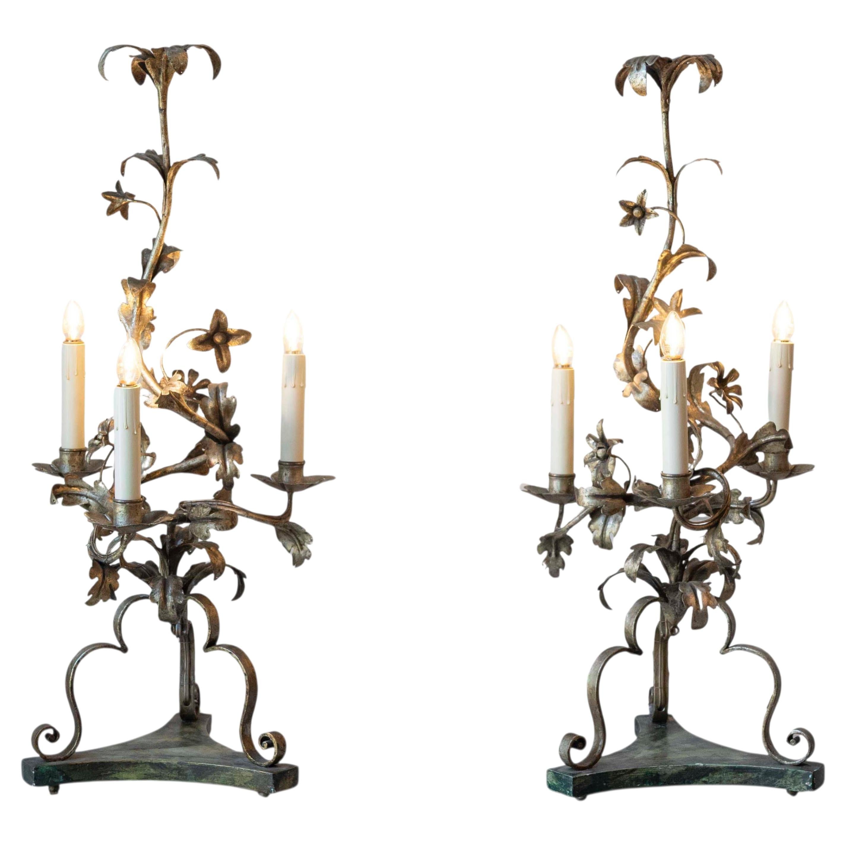 Pair Of Italian Candelabra 20th Century Silver-leaf Wrought Iron Foliate Lamps