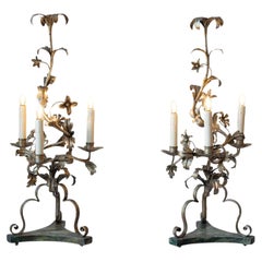 Pair Of Italian Candelabra 20th Century Silver-leaf Wrought Iron Foliate Lamps