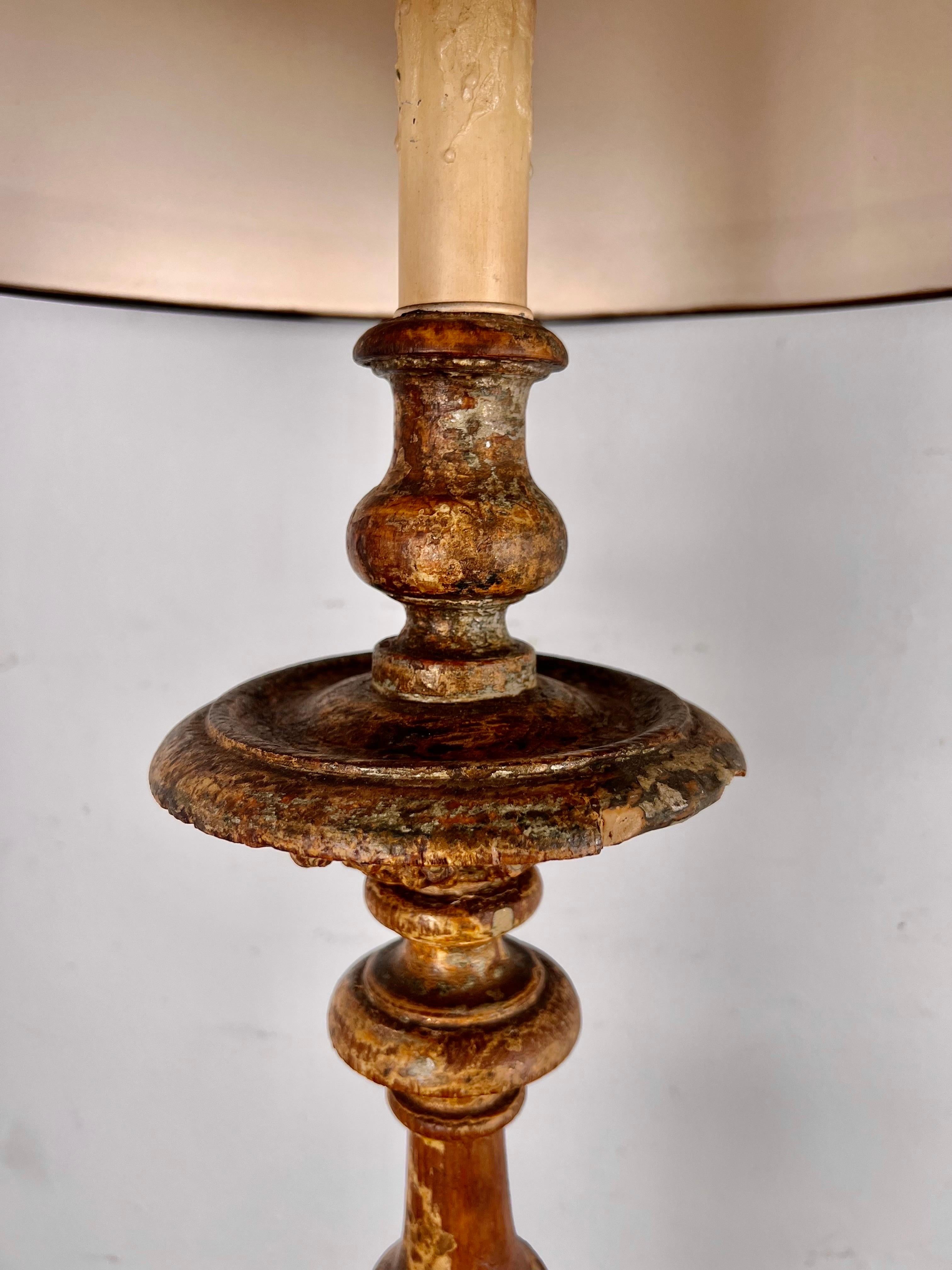Pair of Italian Candlestick Lamps W/ Parchment Shades In Distressed Condition In Los Angeles, CA