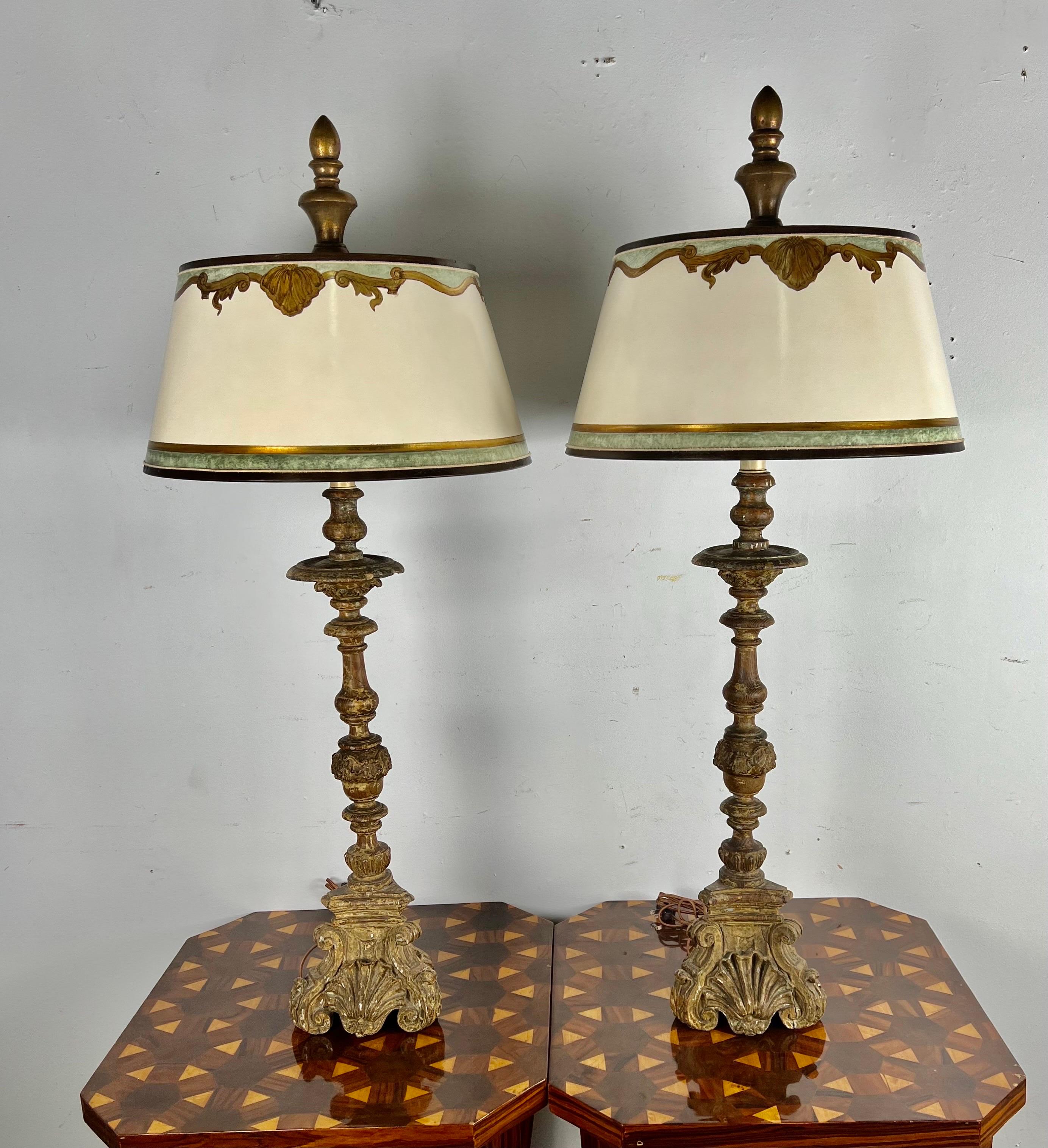 Pair of Italian Candlestick Lamps W/ Parchment Shades 3