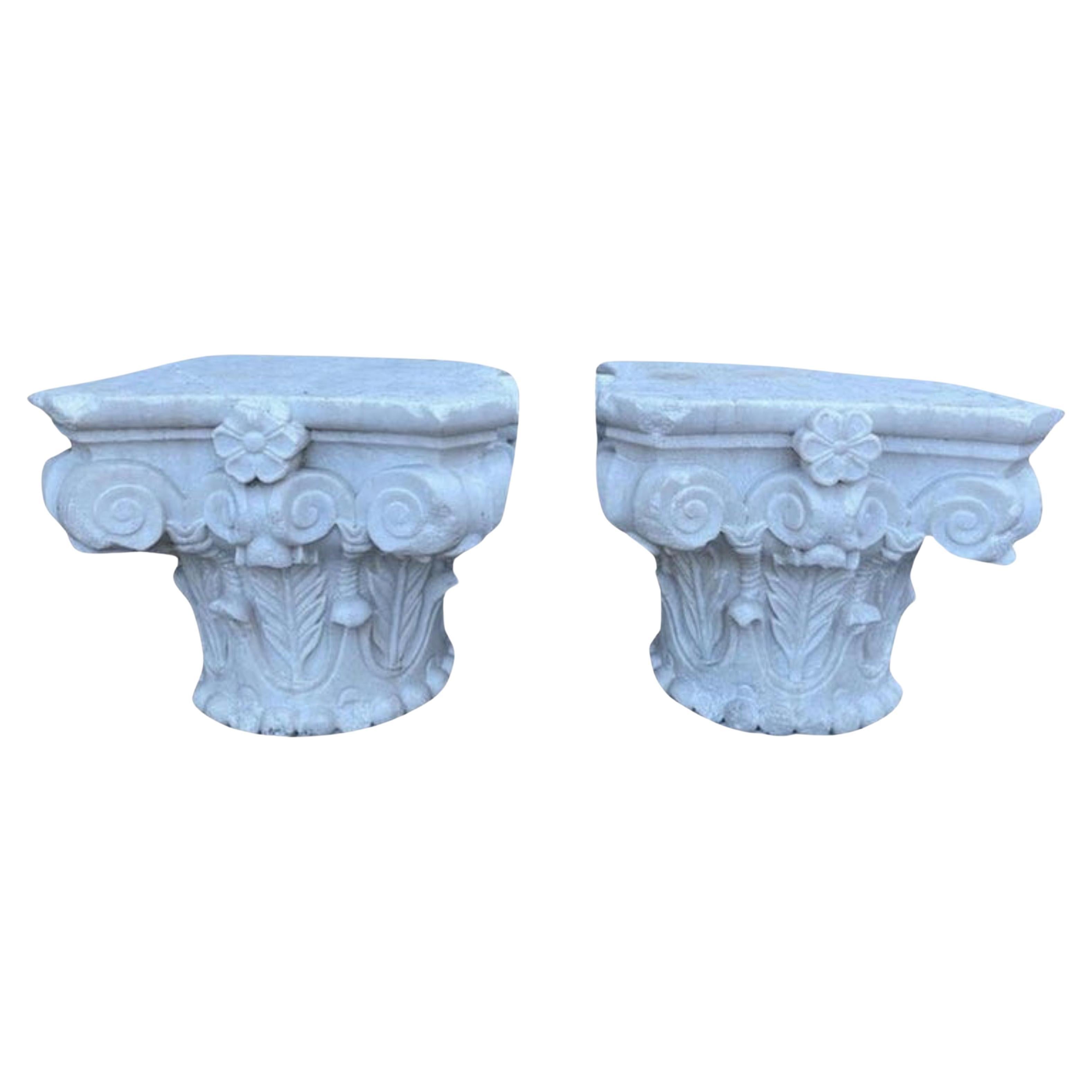 Pair Of Italian Capitals In White Carrara Marble Final 19th / Early 20th Century