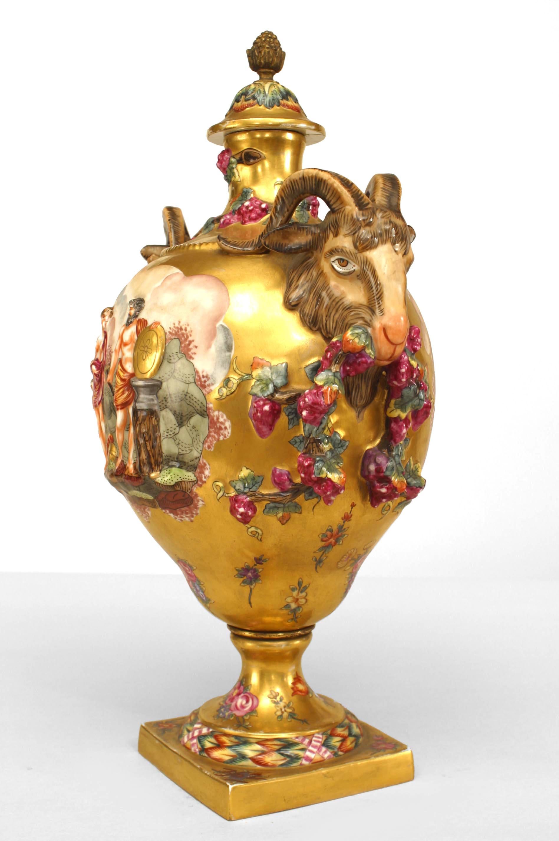 Pair of Italian Capo di Monti porcelain and gilt floral design vases with ram head sides and cover (19th Cent) (PRICED AS Pair)
