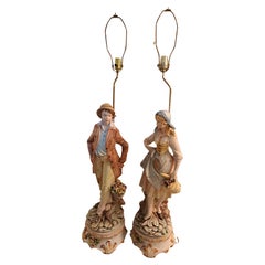 Vintage Pair of Italian Capodimonte Large Porcelain Figural Table Lamps 