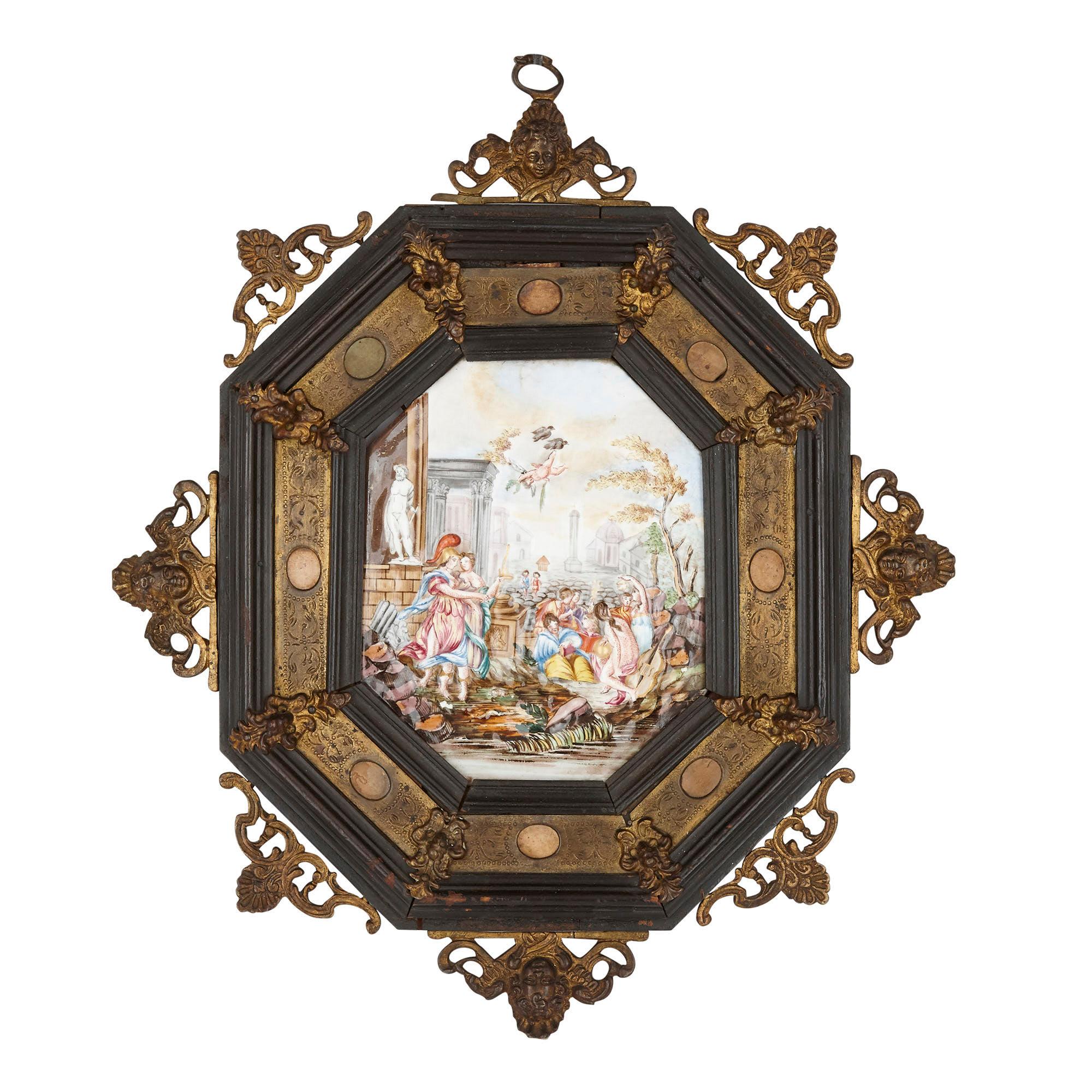 Each Capodimonte porcelain plaque in this pair portrays a famous episode from Roman history: The Rape of the Sabines. The scene on each plaque, realised through painted bas-relief, is heavily populated with highly active figures. Each plaque is held