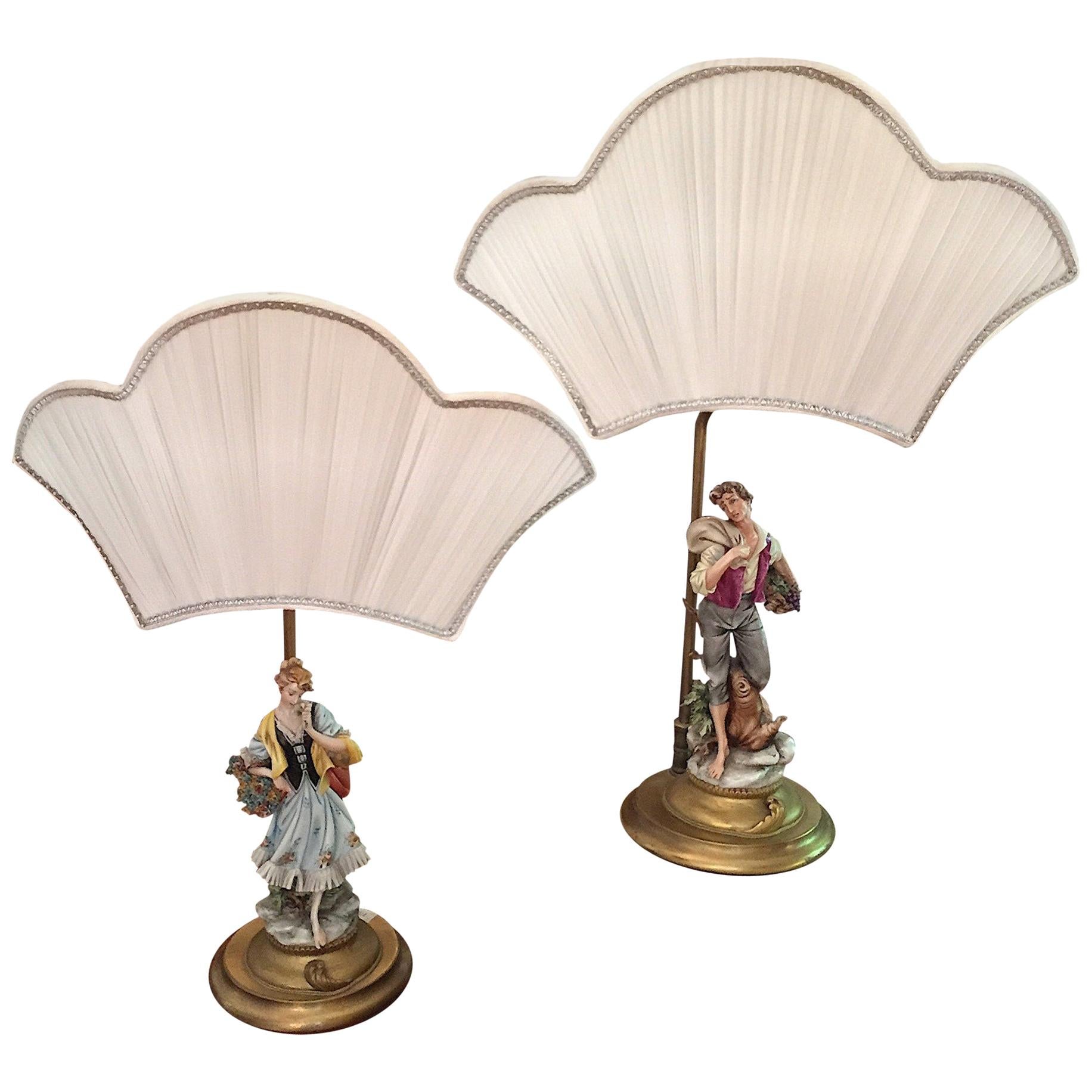 Pair of Italian Capodimonte Porcelain Figural Table Lamps by Pellati, 1970