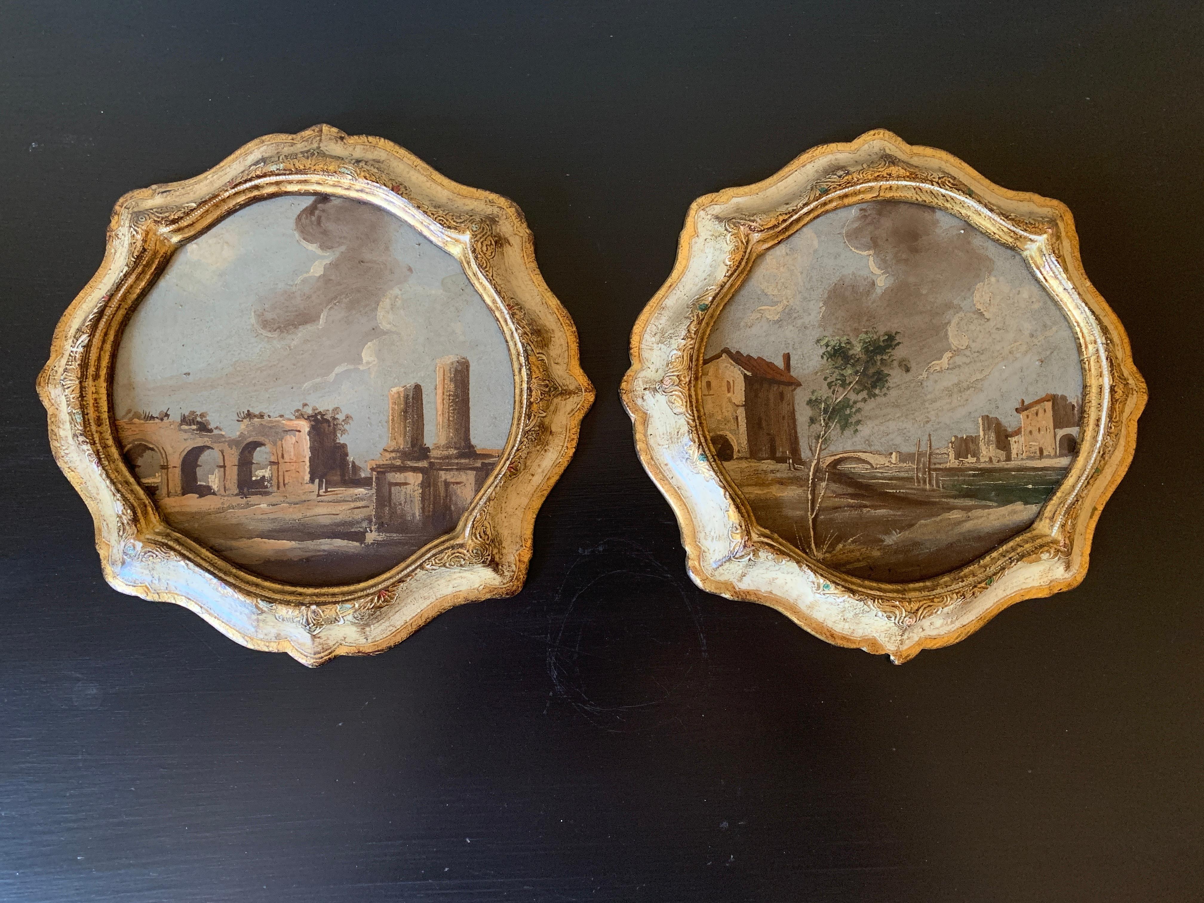 A gorgeous pair of Grand Tour style framed oil paintings of an Italian Capriccio landscape with ruins

Italy, Mid-20th Century

Oil on canvas, gilt frame

Measures: 9.5