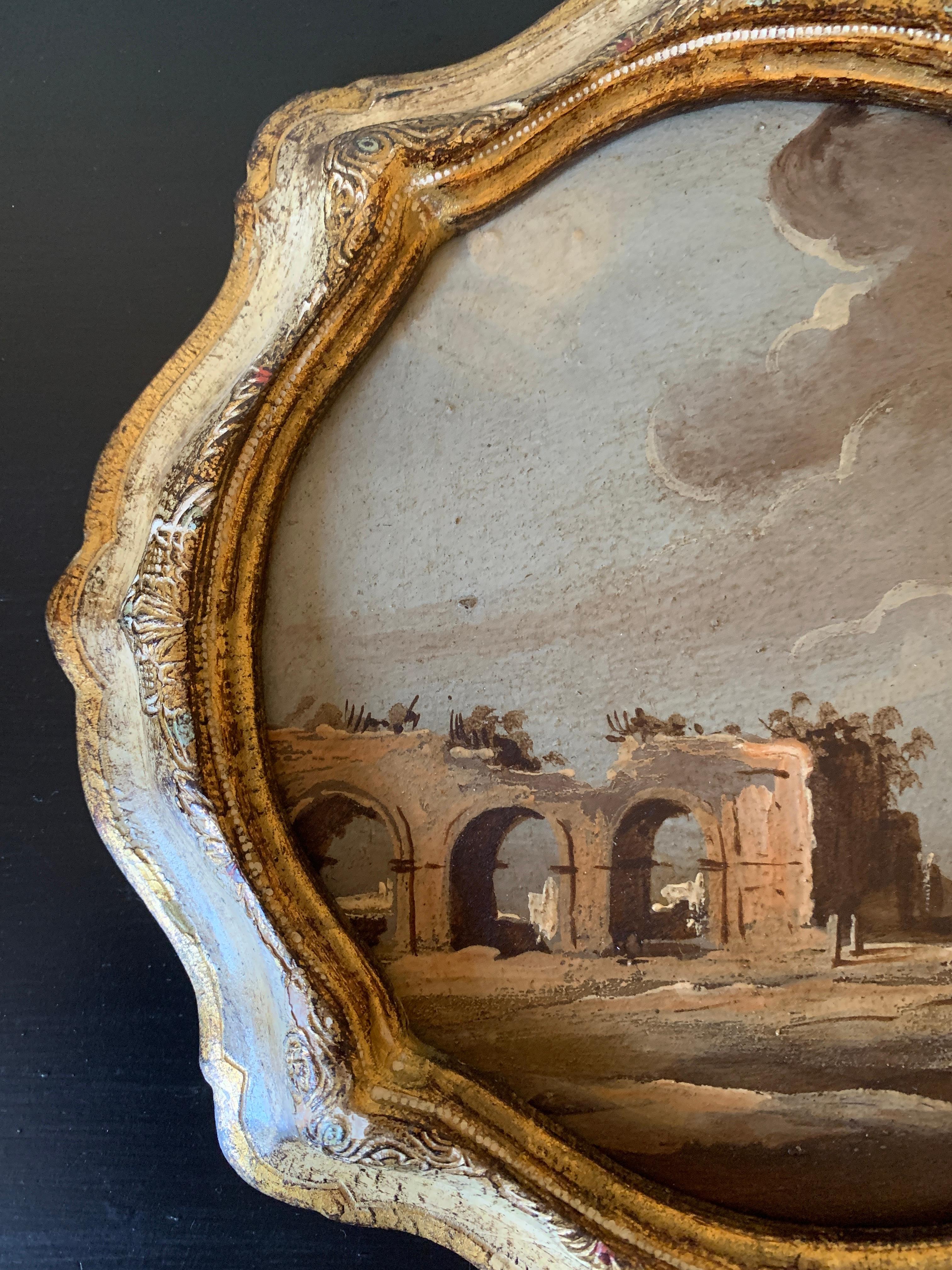 Paire d'huiles sur toile italiennes encadrées Capriccio représentant un paysage avec des ruines Bon état - En vente à Elkhart, IN