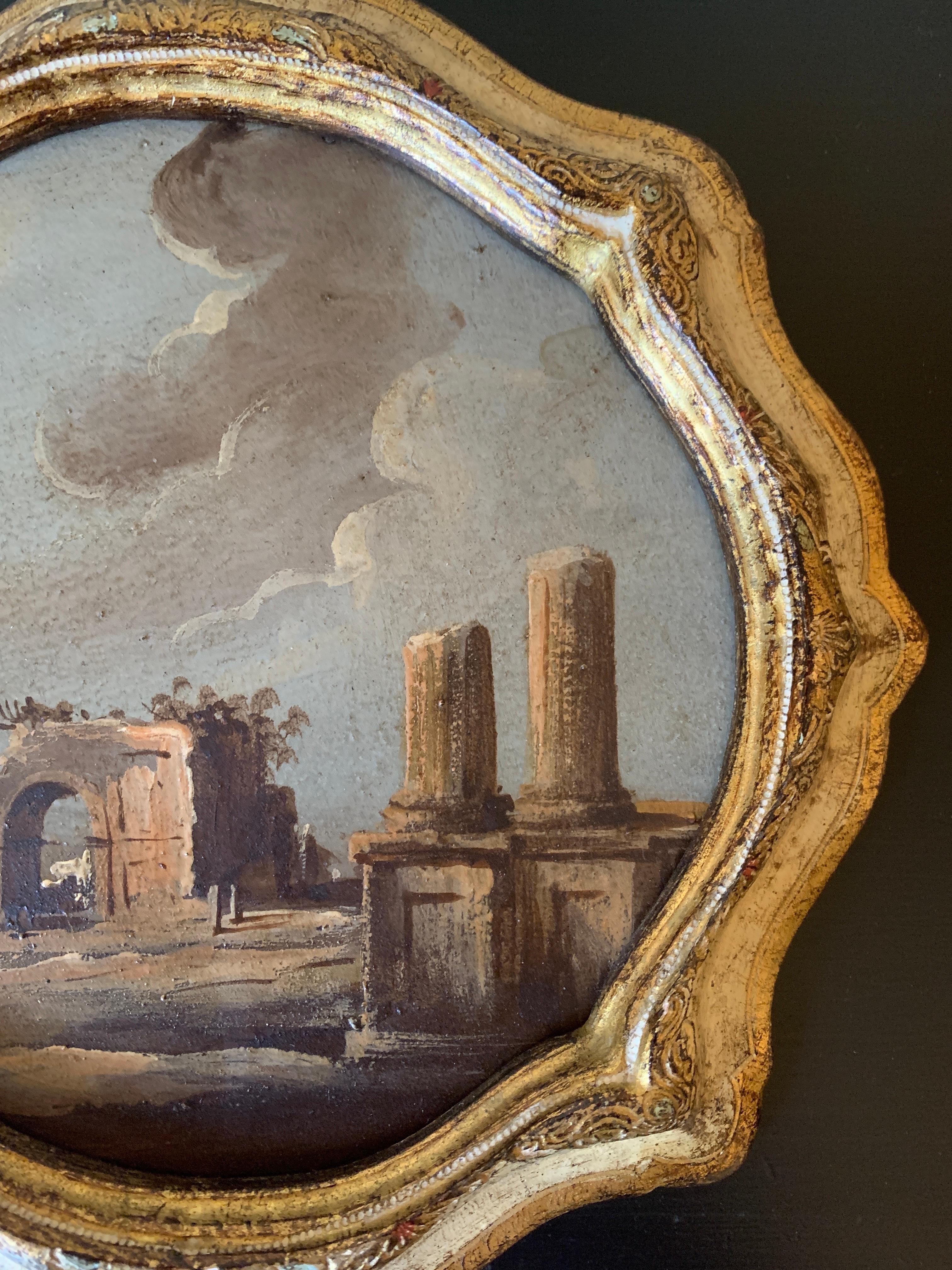 20ième siècle Paire d'huiles sur toile italiennes encadrées Capriccio représentant un paysage avec des ruines en vente