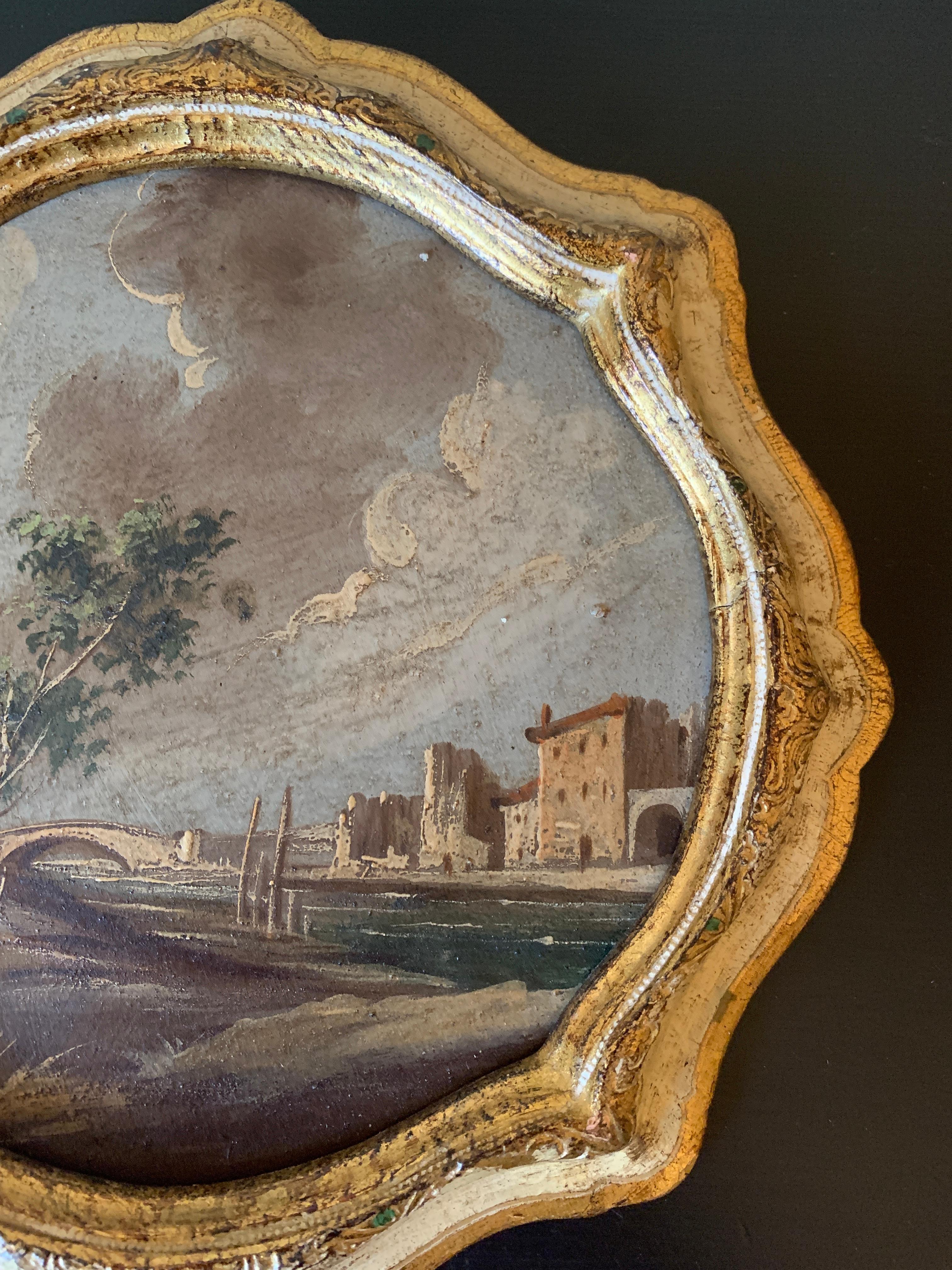 Paire d'huiles sur toile italiennes encadrées Capriccio représentant un paysage avec des ruines en vente 2