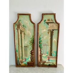 Pair of Italian Capriccio Landscape Paintings of Classical Ruins in Gilt Frames