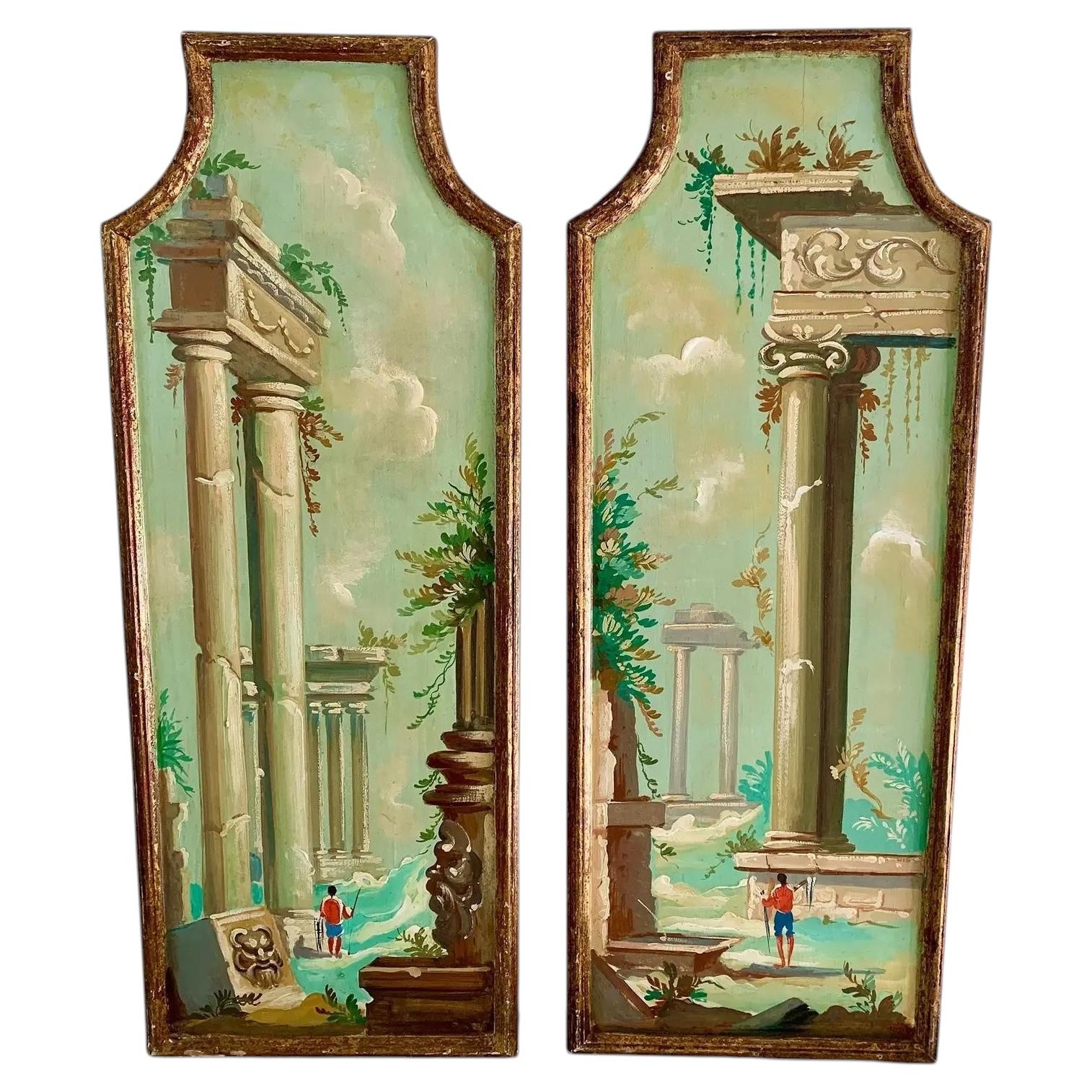 Pair of Italian Capriccio Landscape Paintings of Classical Ruins in Gilt Frames For Sale