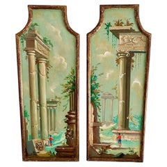 Pair of Italian Capriccio Landscape Paintings of Classical Ruins in Gilt Frames