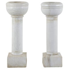 Pair of Italian Carrara Marble Church Font Urns