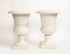 Pair of Italian Carrara Marble Vases with Neoclassical Motifs in Relief