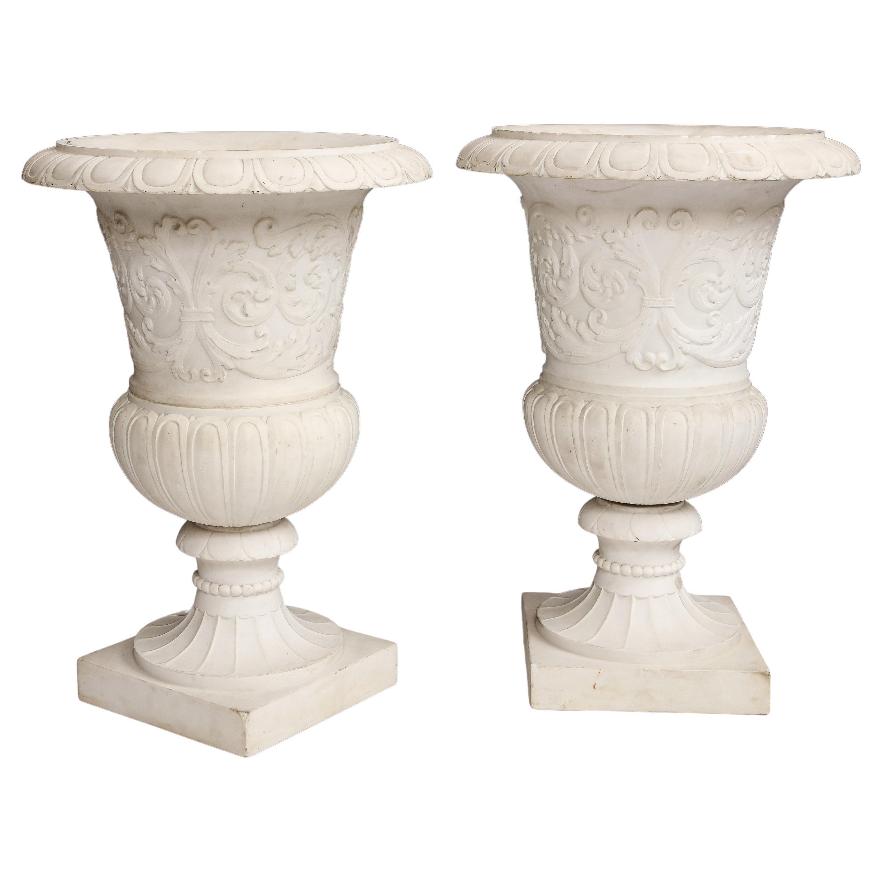 Pair of Italian Carrara Marble Medici Vases w/ Neoclassical Motifs in Relief For Sale