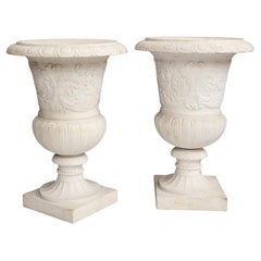 Antique Pair of Italian Carrara Marble Medici Vases w/ Neoclassical Motifs in Relief