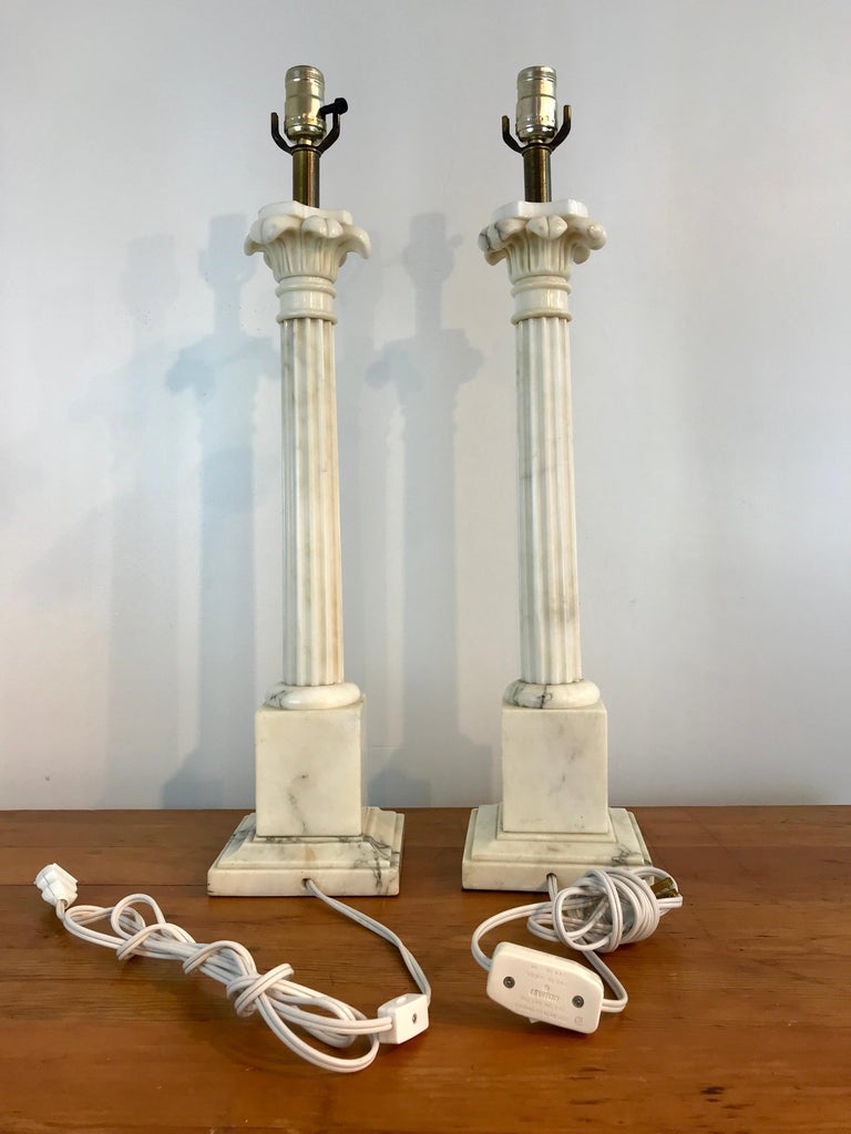 Pair of Italian Carrera Marble Column Lamps For Sale at 1stDibs