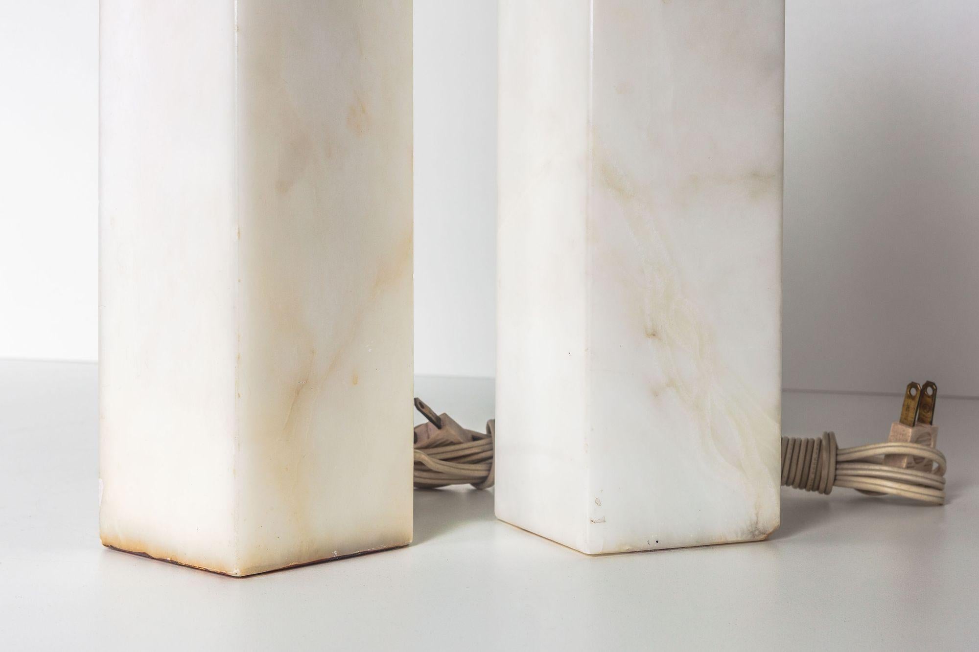 Brass Pair of Italian Carrera Marble Square Bedside Lamps Nessen Style 1960's