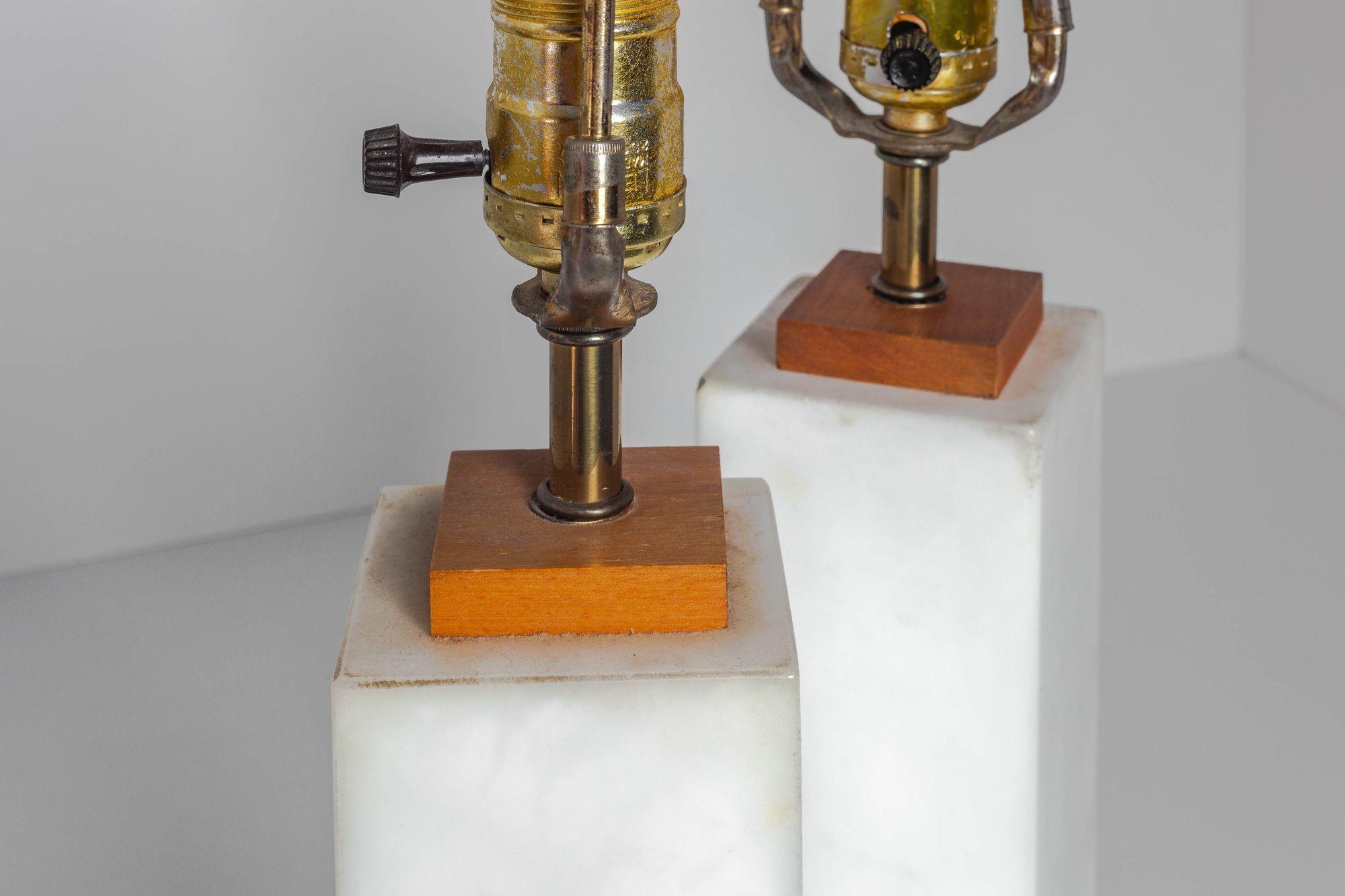 Pair of Italian Carrera Marble Square Bedside Lamps Nessen Style 1960's 1