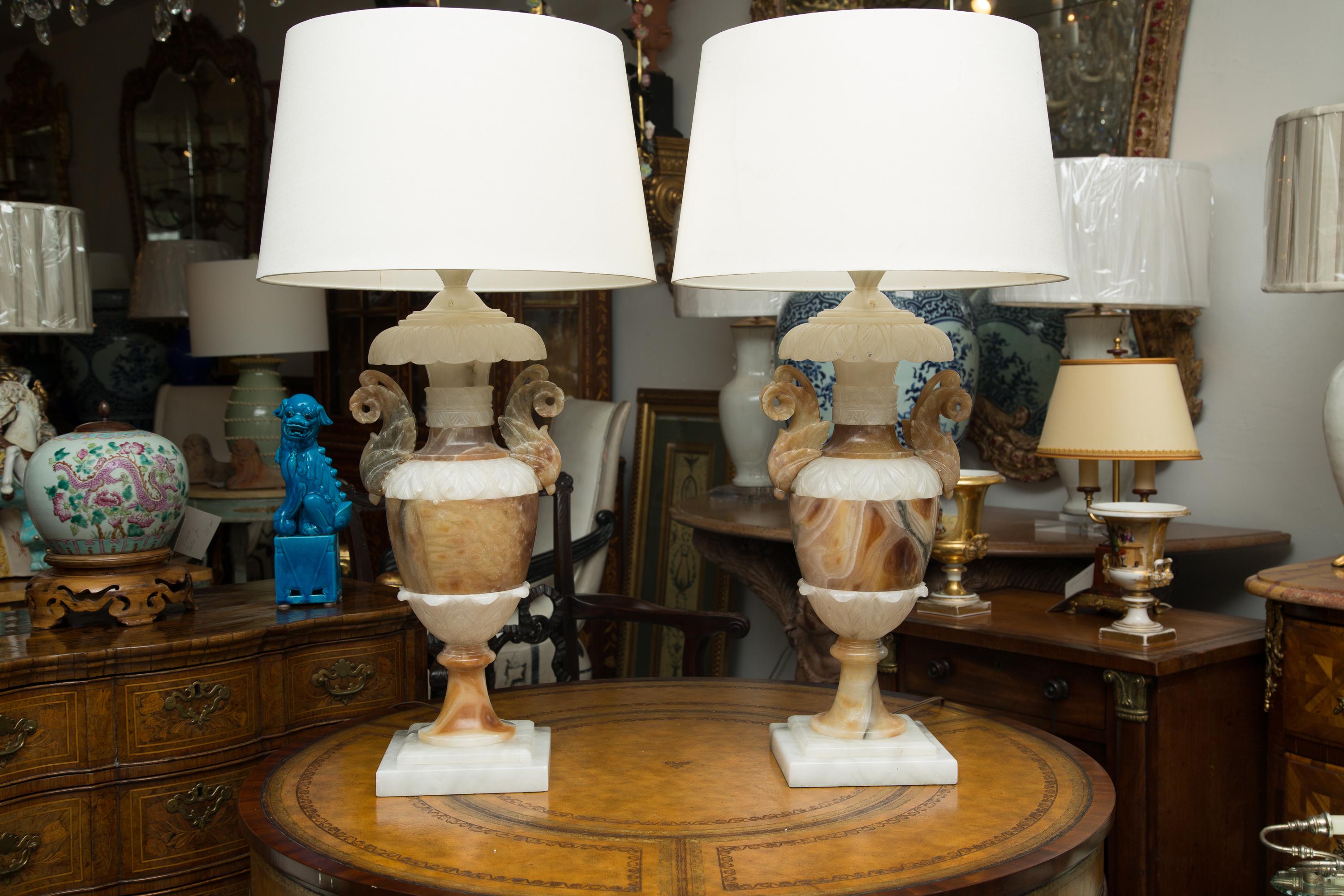 Pair of Italian Carved Alabaster and Onyx Table Lamps 5