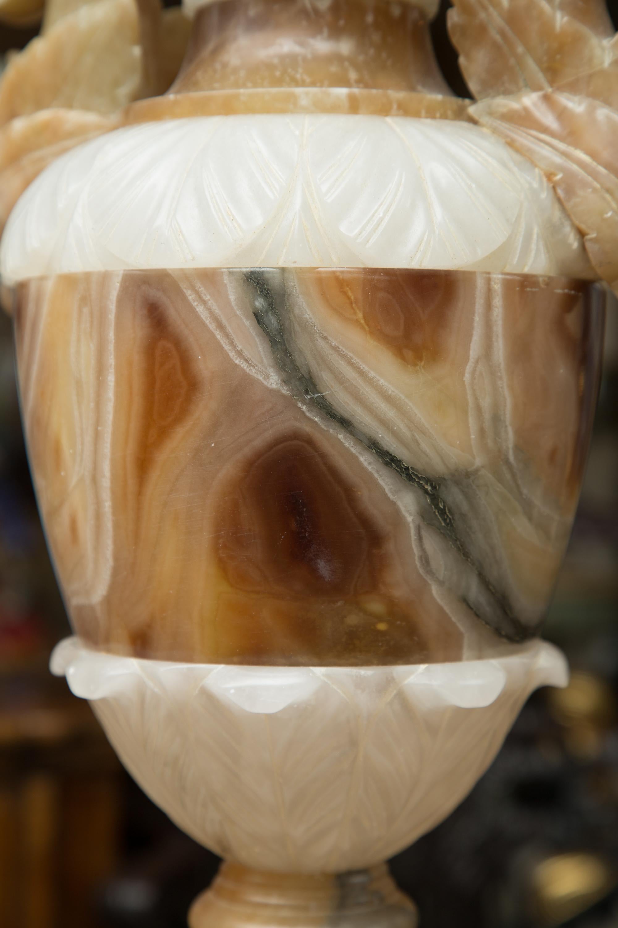 Hand-Carved Pair of Italian Carved Alabaster and Onyx Table Lamps