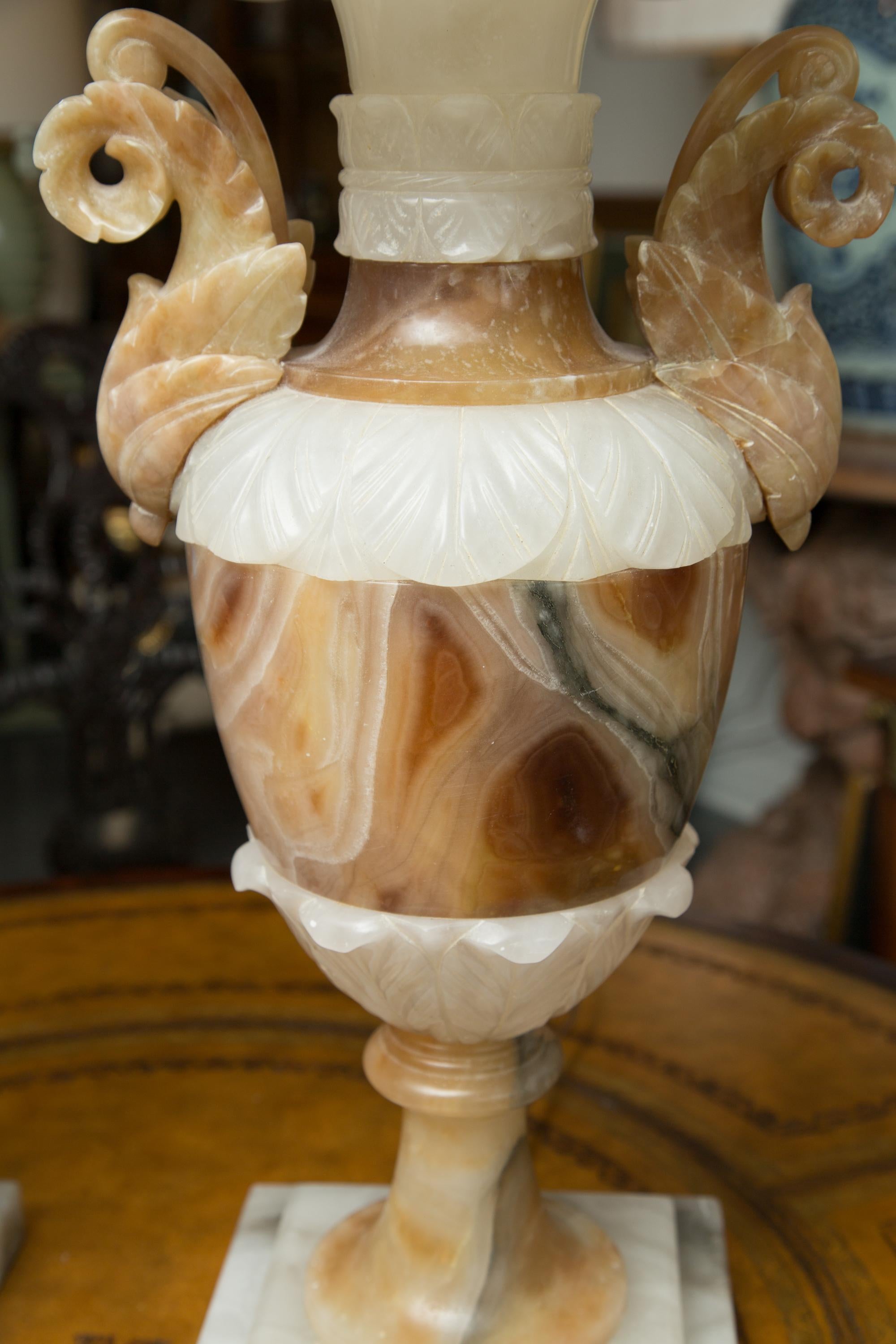 20th Century Pair of Italian Carved Alabaster and Onyx Table Lamps