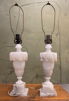 Pair of Italian Carved Alabaster Neoclassical Table Lamps, Mid-Century
