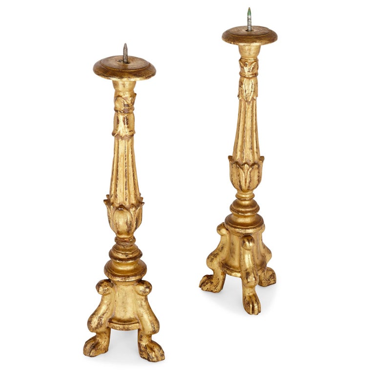 Pair of Italian Carved and Gilt Wooden Candlesticks at 1stDibs