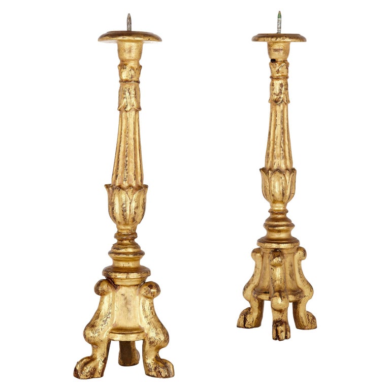 Pair of Italian Carved and Gilt Wooden Candlesticks at 1stDibs
