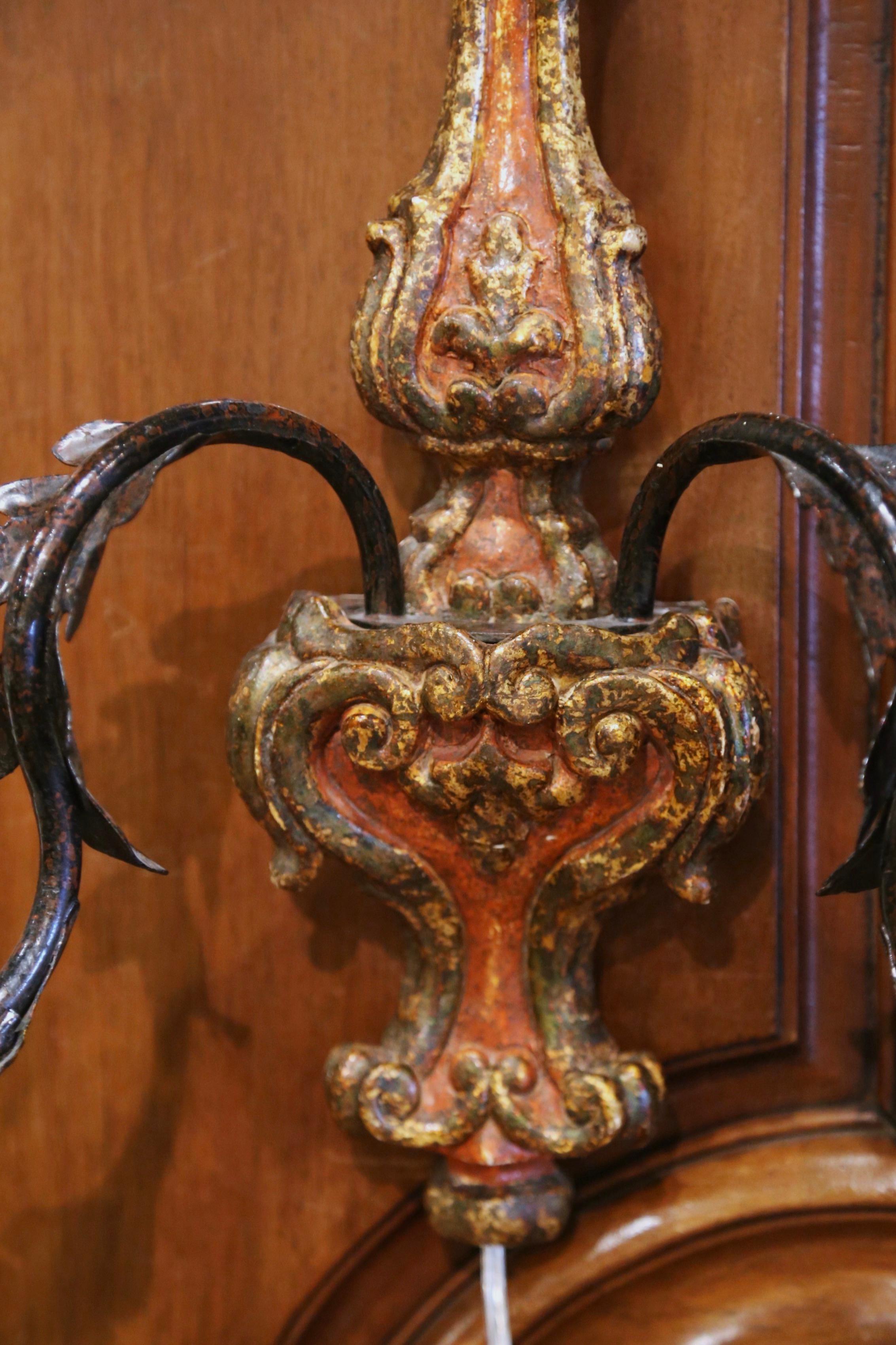 Pair of Italian Carved and Metal Giltwood and Painted Two-Light Wall Sconces For Sale 4
