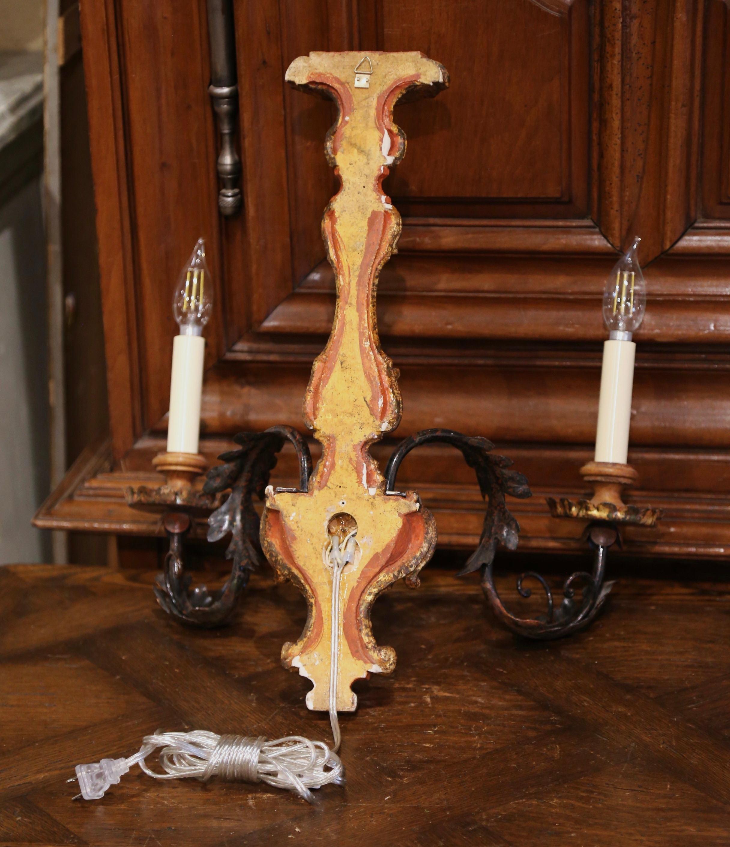 Pair of Italian Carved and Metal Giltwood and Painted Two-Light Wall Sconces For Sale 7