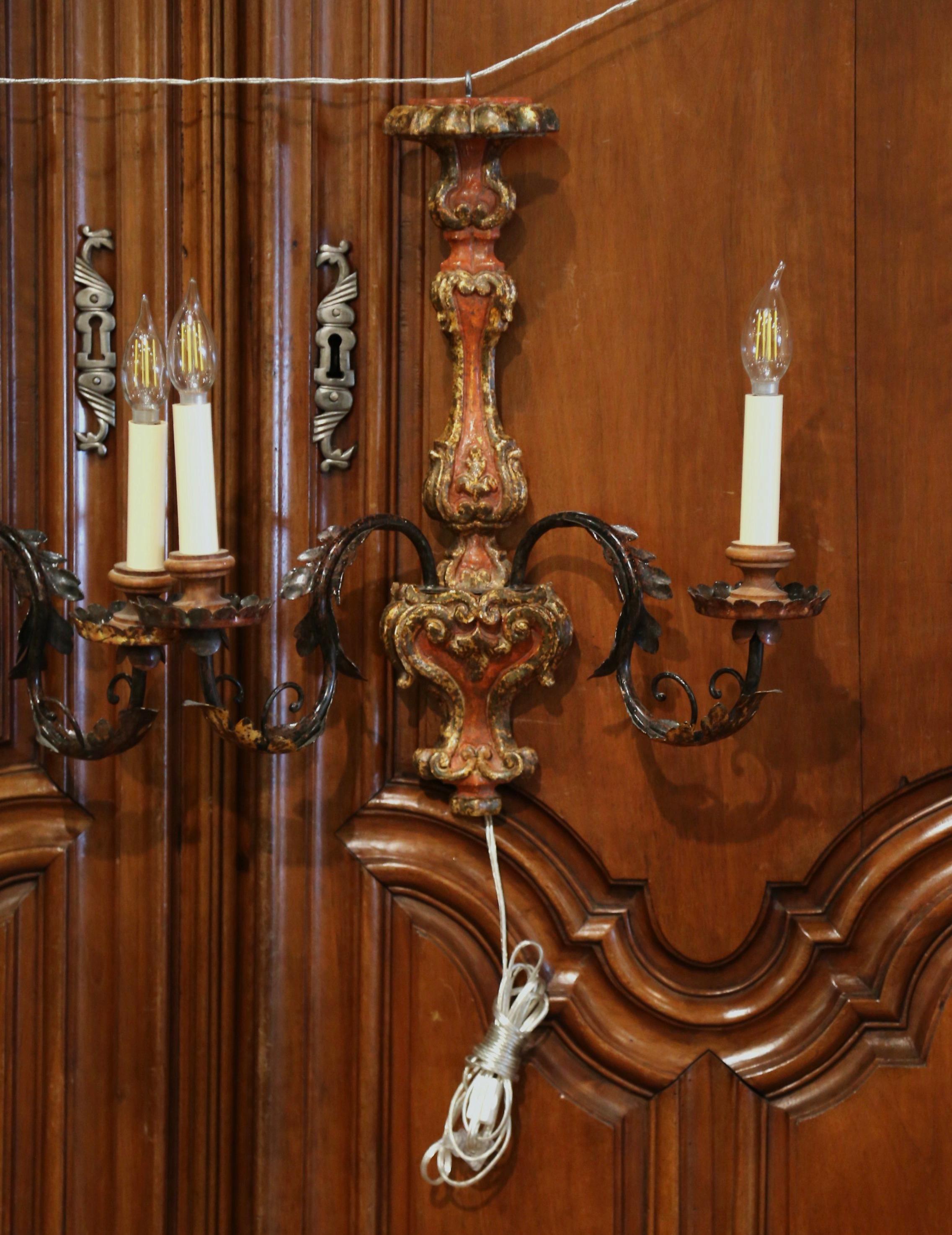 Patinated Pair of Italian Carved and Metal Giltwood and Painted Two-Light Wall Sconces For Sale