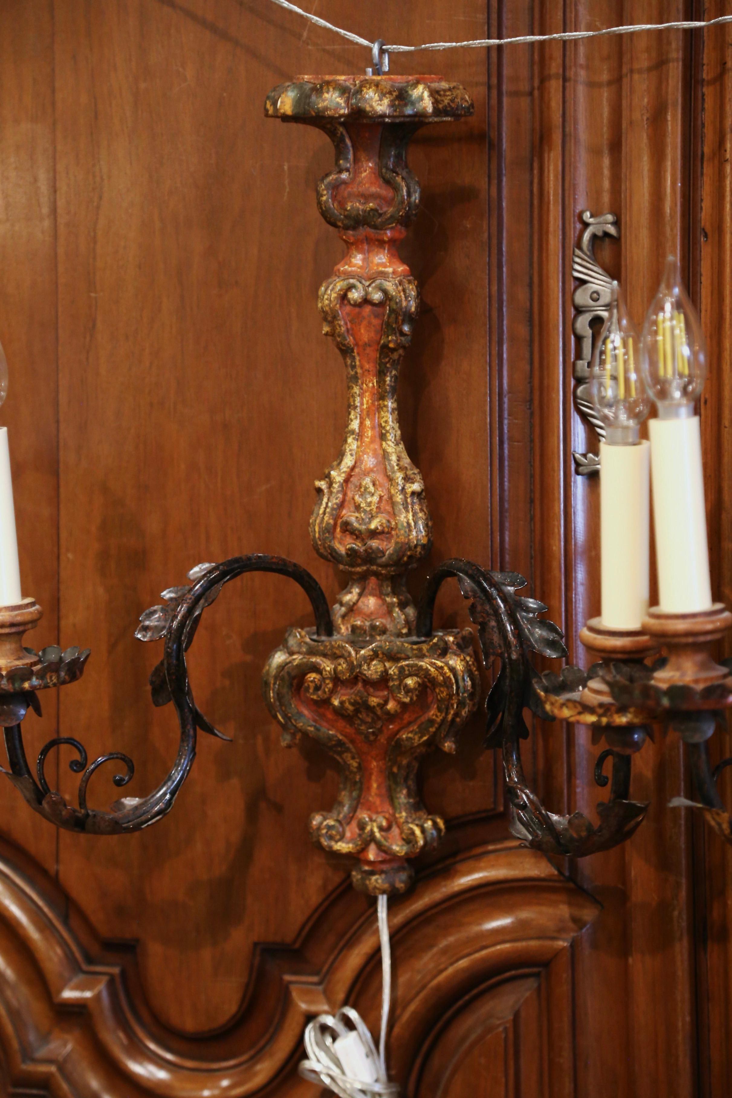 20th Century Pair of Italian Carved and Metal Giltwood and Painted Two-Light Wall Sconces For Sale