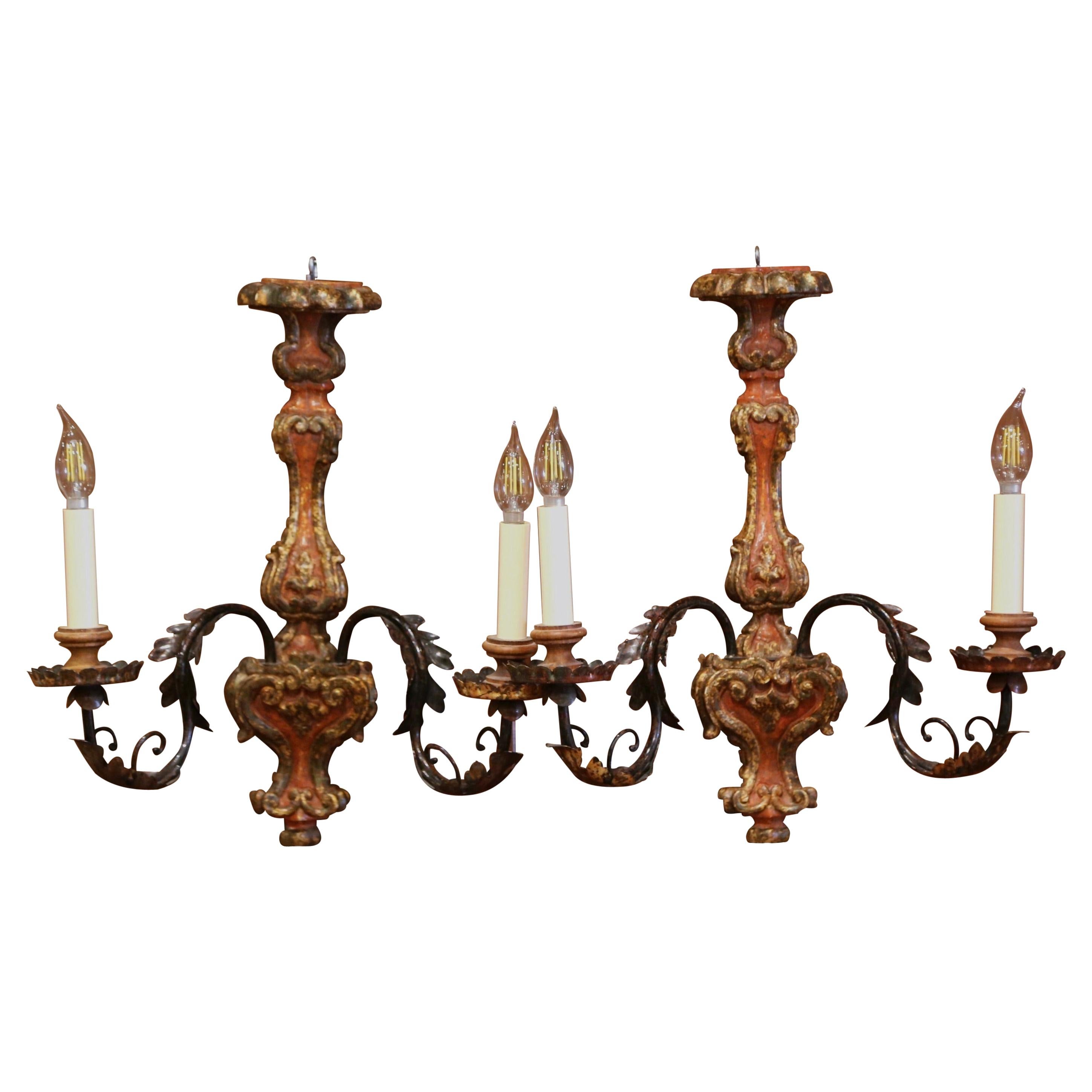 Pair of Italian Carved and Metal Giltwood and Painted Two-Light Wall Sconces For Sale