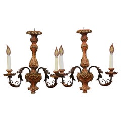 Vintage Pair of Italian Carved and Metal Giltwood and Painted Two-Light Wall Sconces