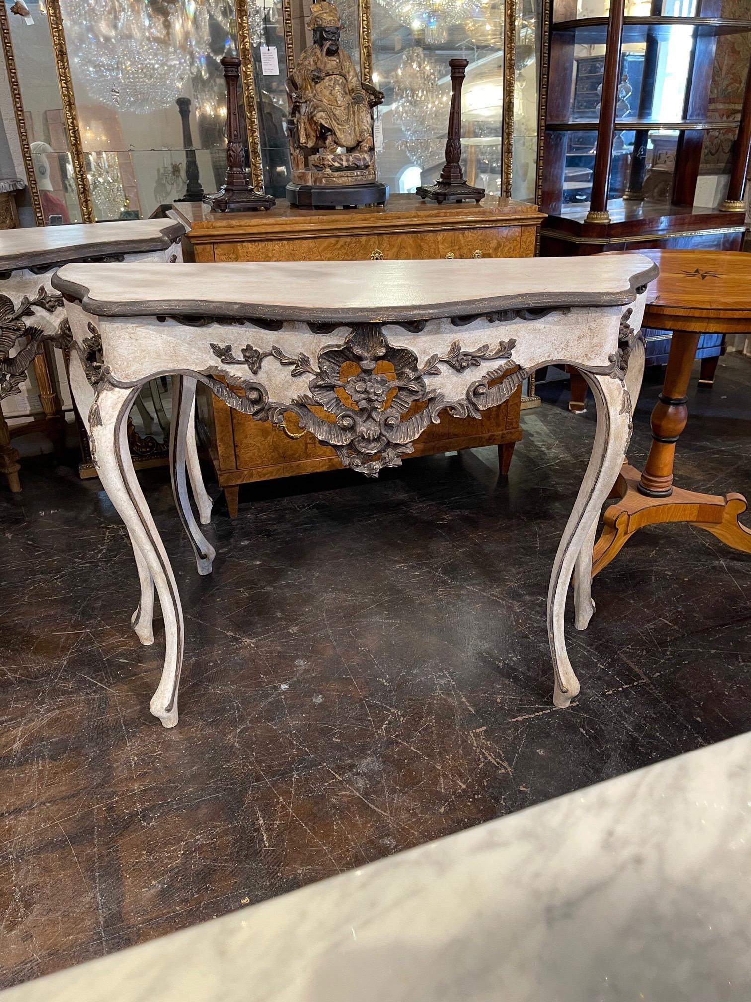 Very fine pair of Italian carved and painted consoles. Pretty floral details and beautiful patina on these. Gorgeous!!