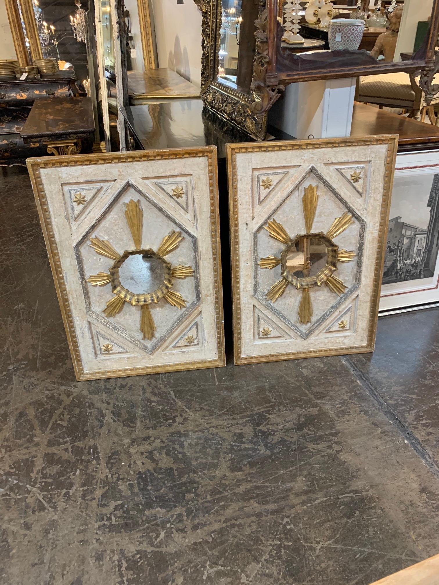 Contemporary Pair of Italian Carved and Painted Panels with Mirrored Centers