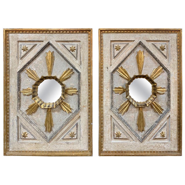 Pair of Italian Carved and Painted Panels with Mirrored Centers at 1stDibs