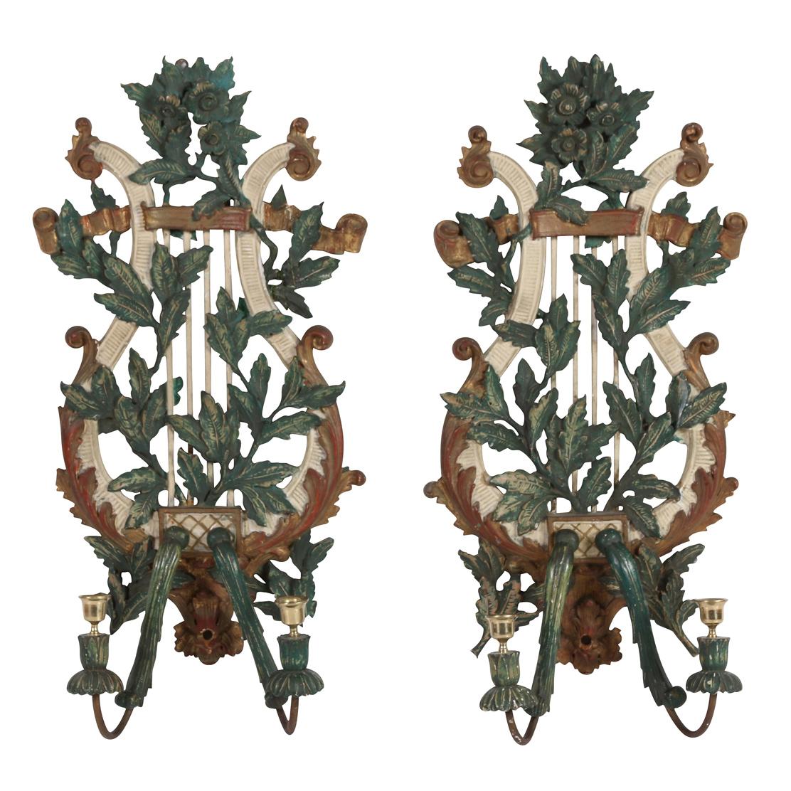 Hand-Carved Pair of Italian Carved and Painted Wood Candle Sconces For Sale