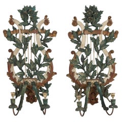 Antique Pair of Italian Carved and Painted Wood Candle Sconces